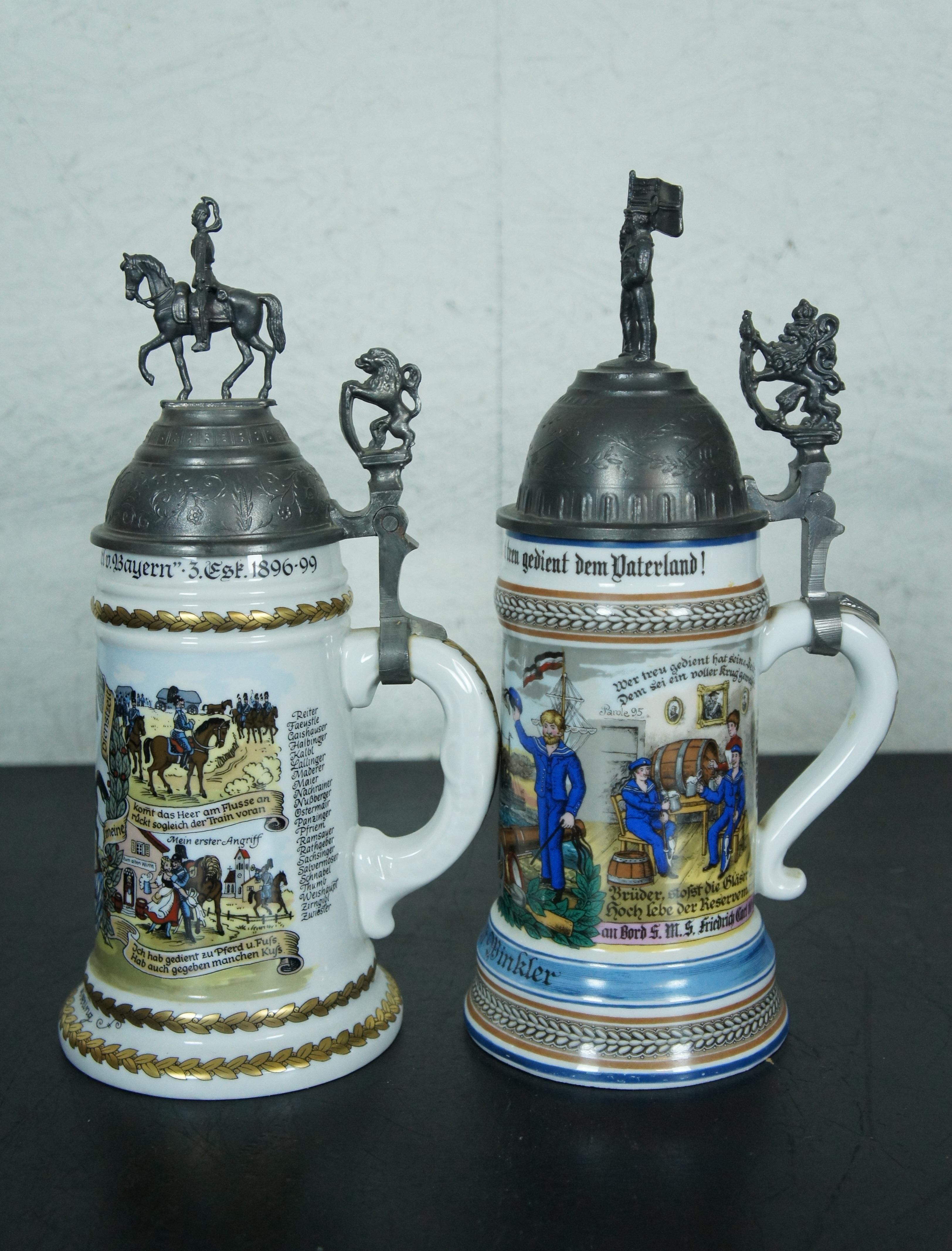 2 Antique German Cavalry Regimental & Reservist Lithopane Porcelain Beer Steins In Good Condition In Dayton, OH