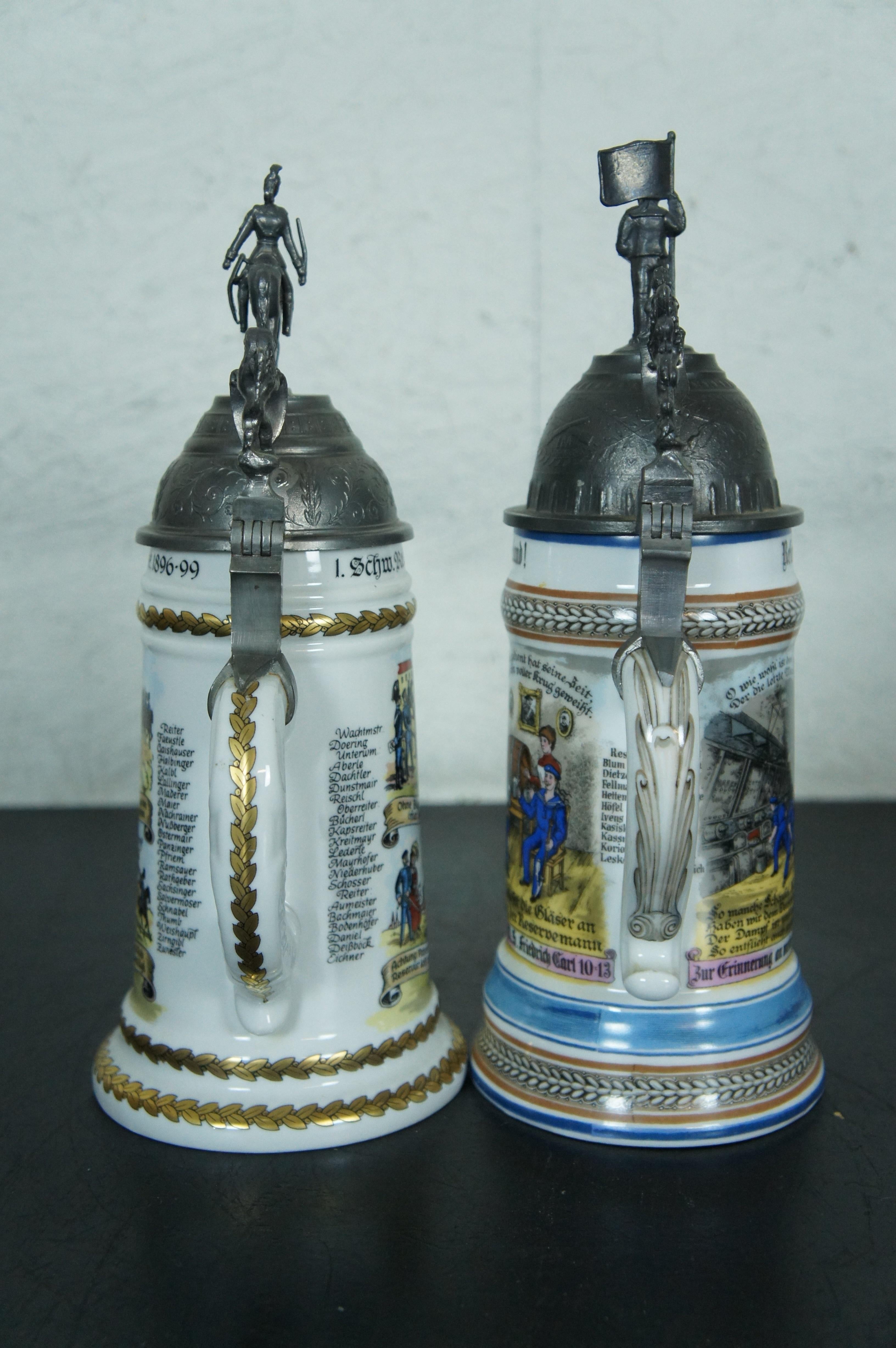 20th Century 2 Antique German Cavalry Regimental & Reservist Lithopane Porcelain Beer Steins