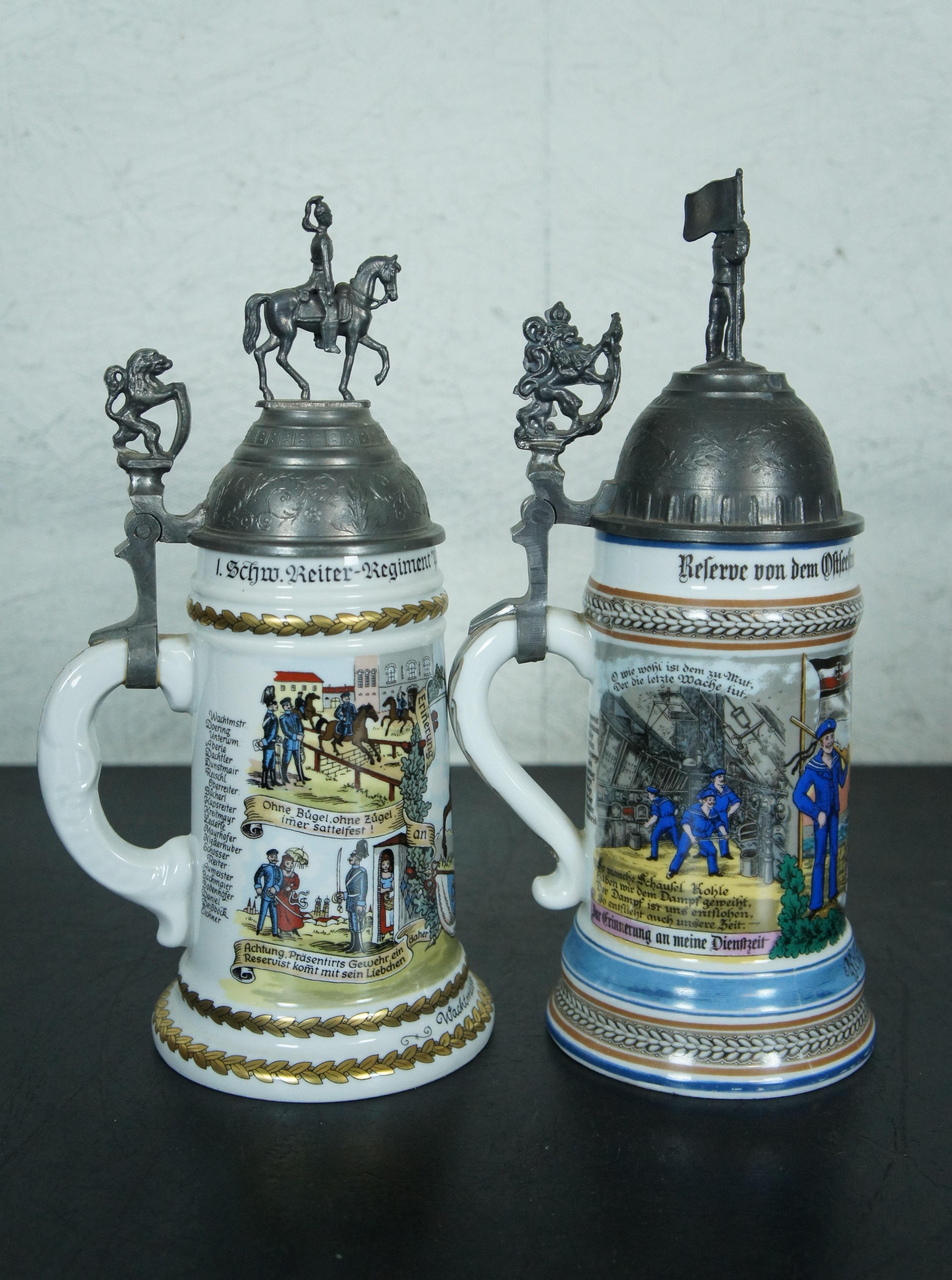 Metal 2 Antique German Cavalry Regimental & Reservist Lithopane Porcelain Beer Steins