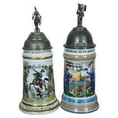 2 Antique German Cavalry Regimental & Reservist Lithopane Porcelain Beer Steins