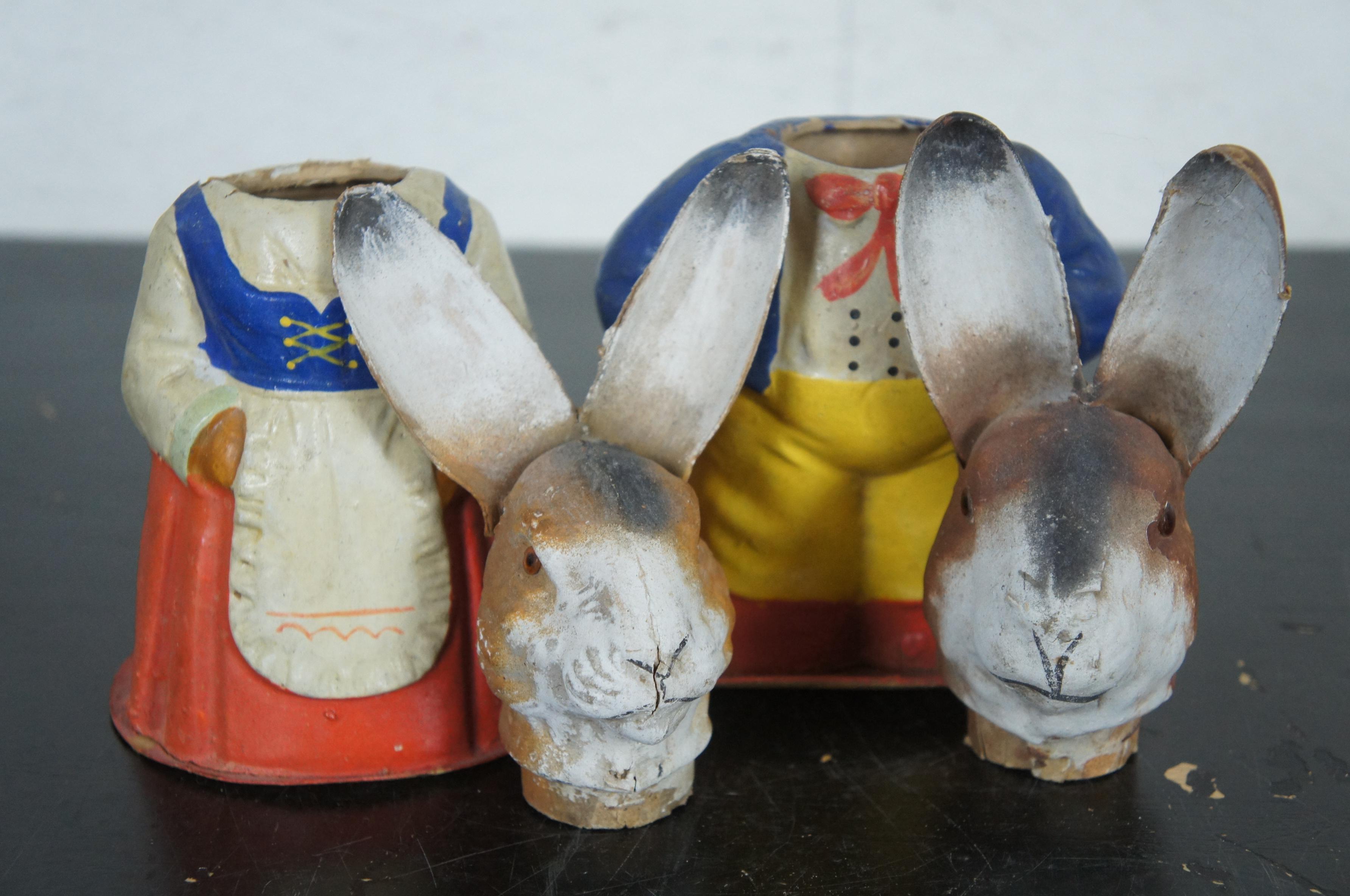 2 Antique German Paper Mâché Easter Rabbit Candy Containers & Display Curio Case 1