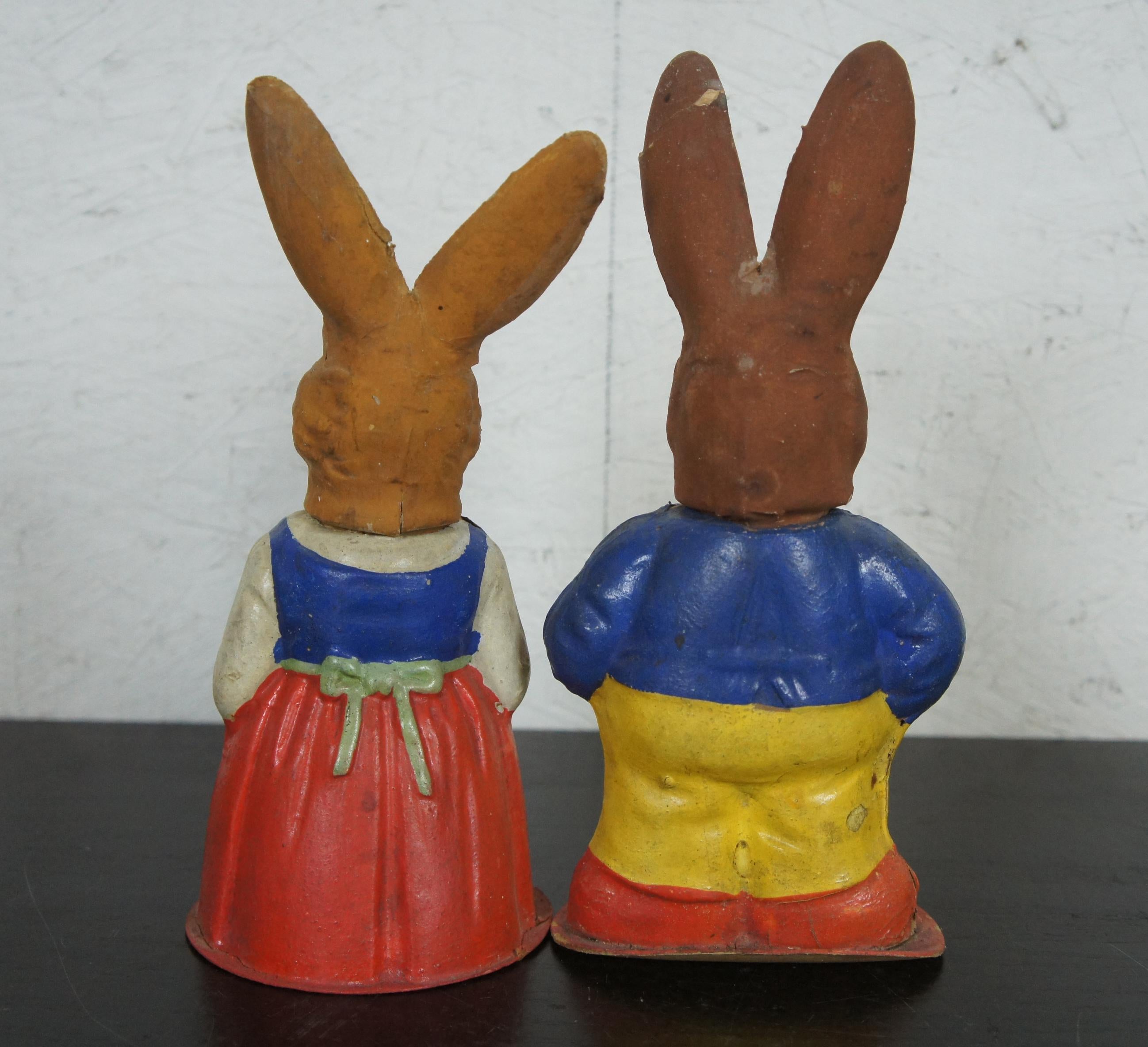 Folk Art 2 Antique German Paper Mâché Easter Rabbit Candy Containers & Display Curio Case