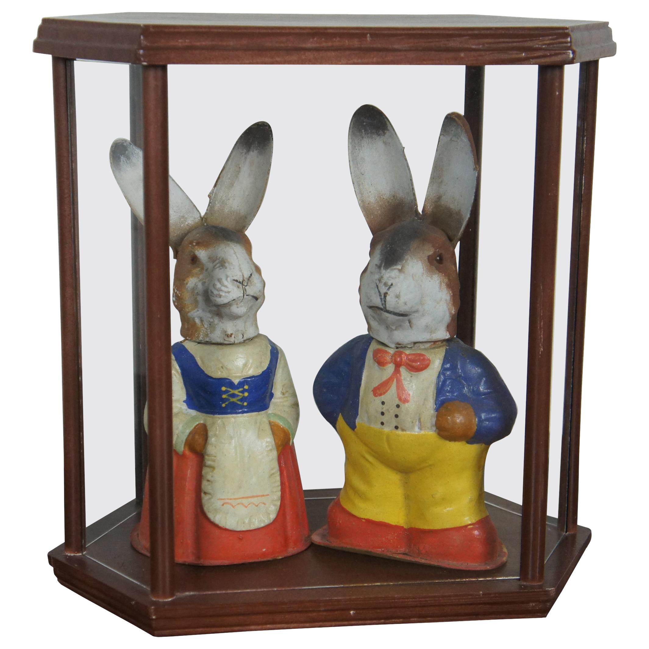 2 Antique German Paper Mâché Easter Rabbit Candy Containers & Display Curio Case