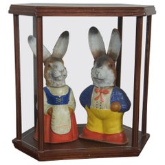 2 Antique German Paper Mâché Easter Rabbit Candy Containers & Display Curio Case