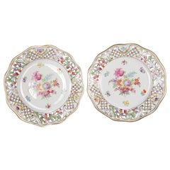 2 Antique German Pierced Hand Painted & Gilt Floral Porcelain Plates by Shumann