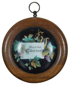 2 Antique German Porcelain Wood Framed Wall Plaque Sign Congratulations