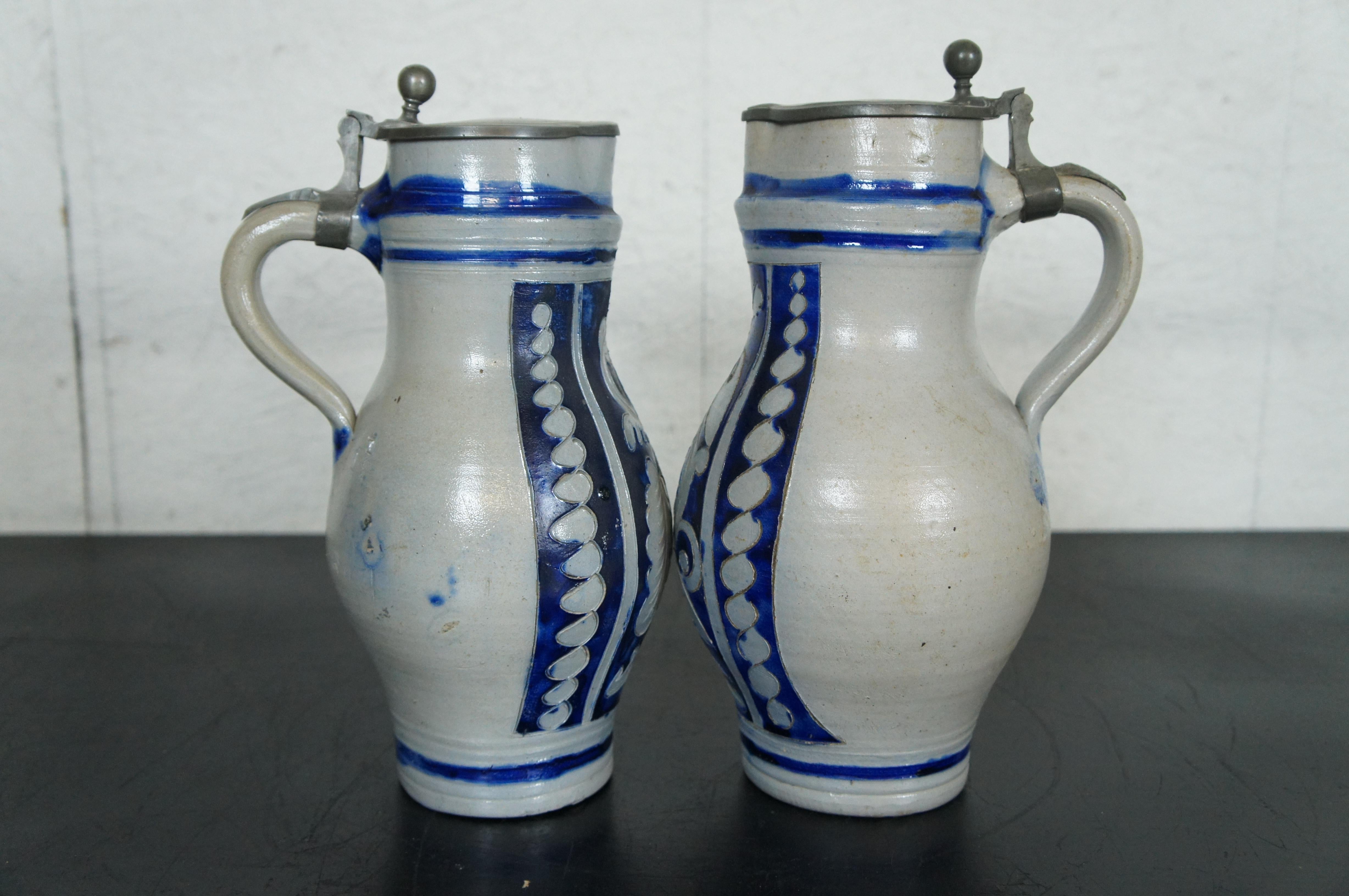 2 Antique German Westerwald Salt Glaze Pewter Beer Stein Jug Pitchers 1.5L 12