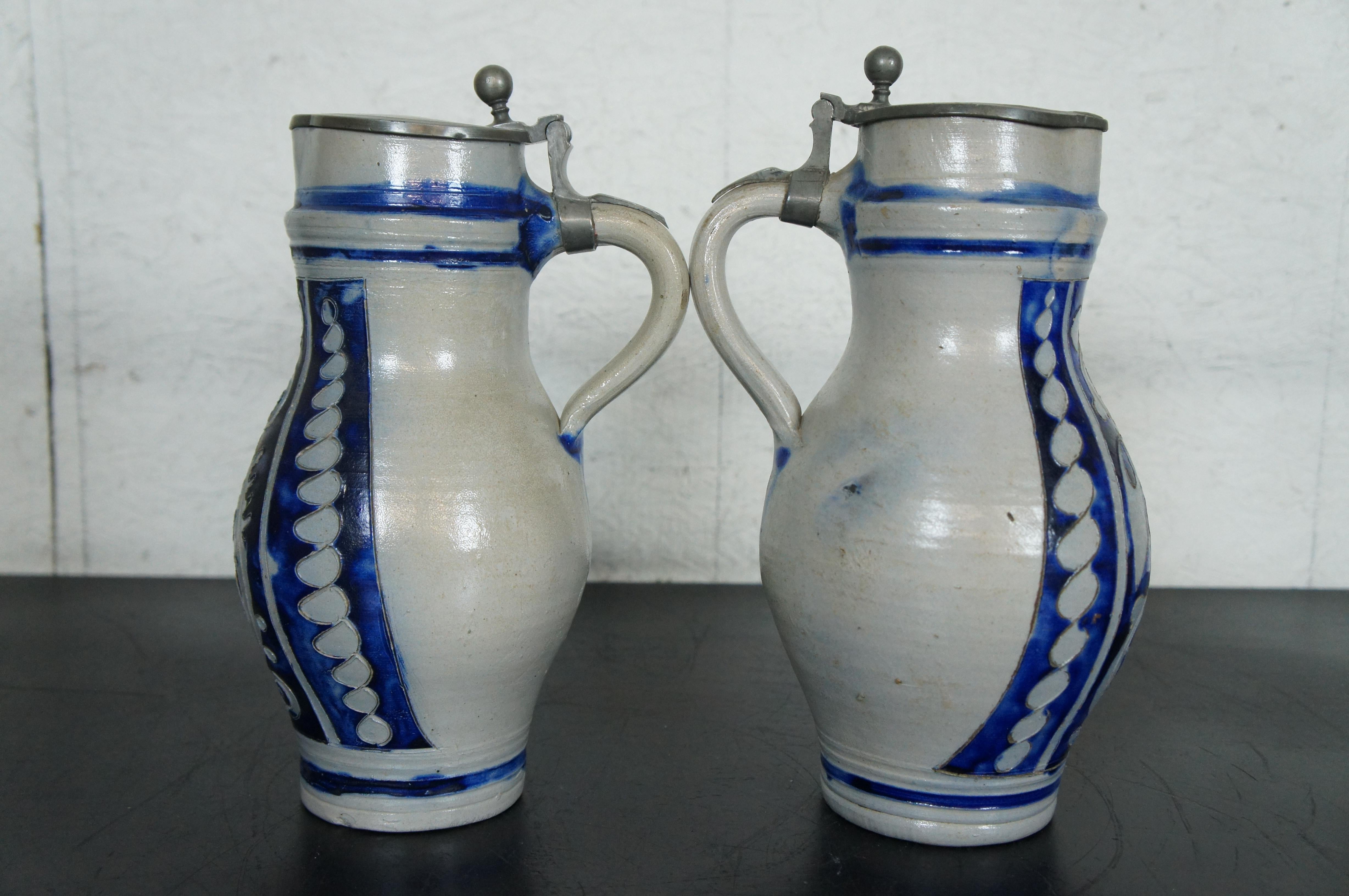 Stoneware 2 Antique German Westerwald Salt Glaze Pewter Beer Stein Jug Pitchers 1.5L 12