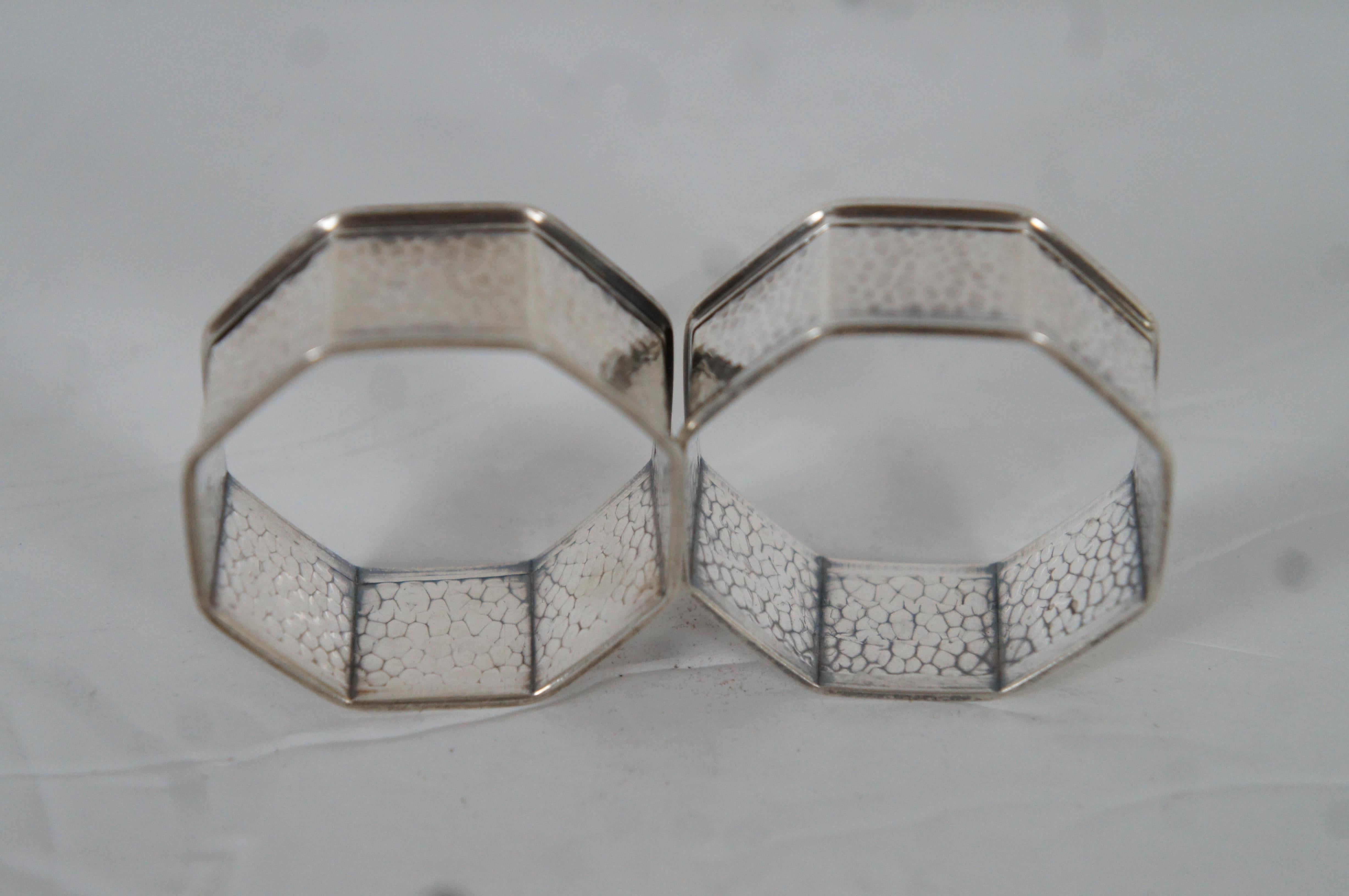 20th Century 2 Antique GH French & Co Hammered Sterling Octagonal Napkin Rings 19g