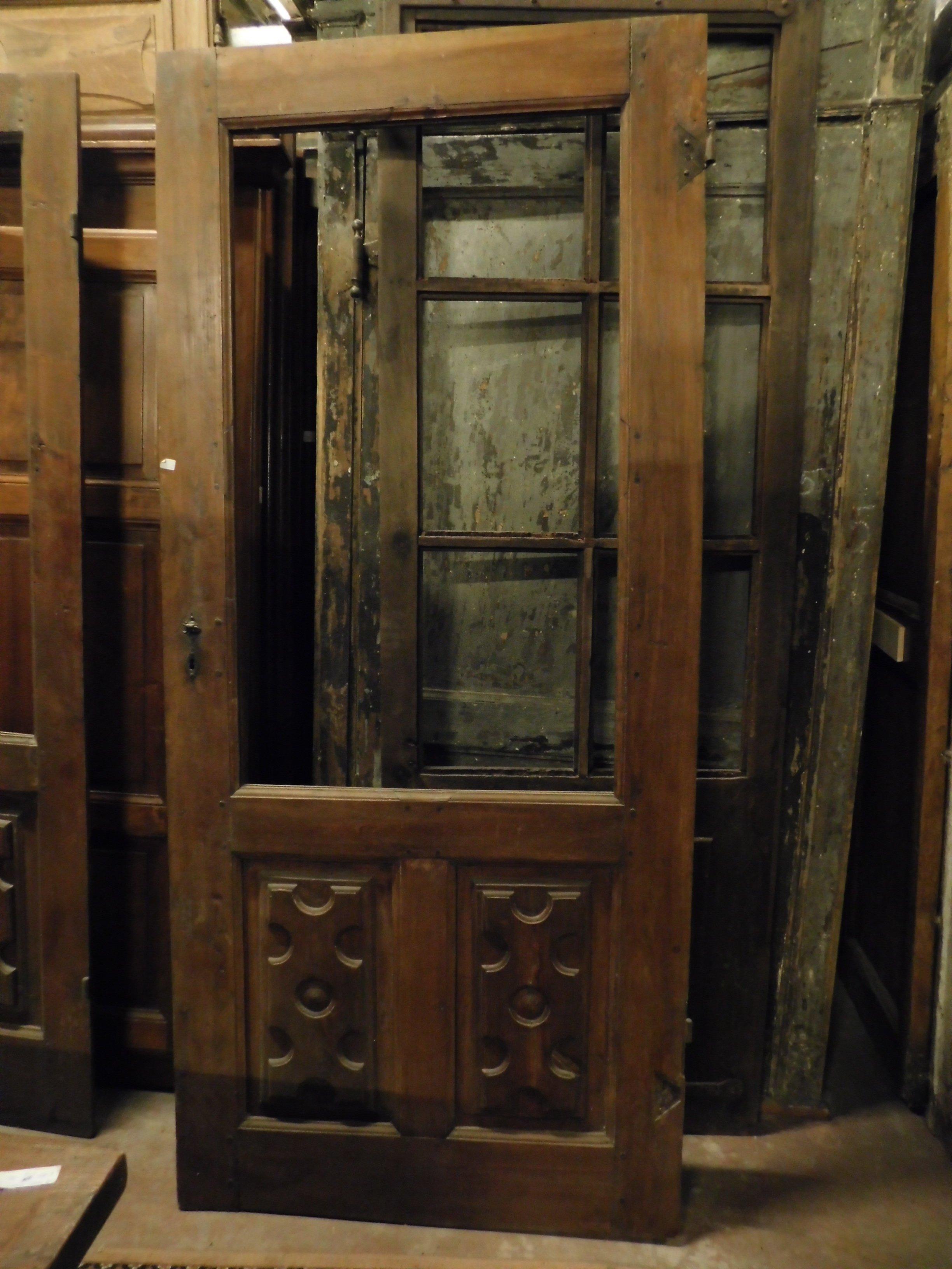 Hand-Carved 2 Antique Glass Wooden Doors, Richly Carved Poplar Panel, 1700, Italy For Sale