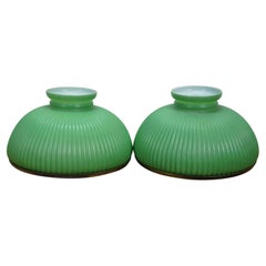 2 Antique Green Ribbed Glass Chandelier Oil Lamp Shades 11"