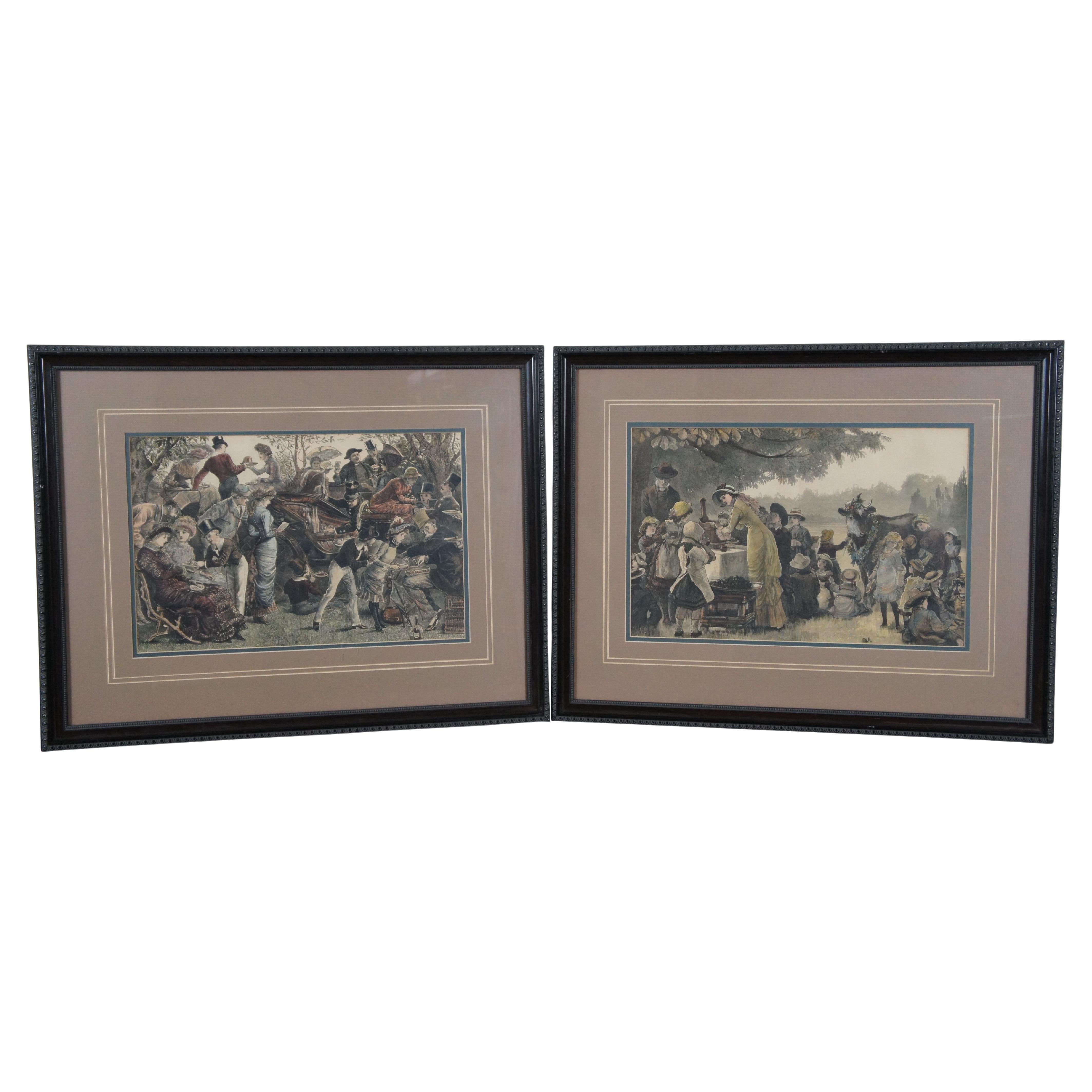 2 Antique Harry Furniss Eton Harrow Cricket Match Day in Arcadia Engravings 27" For Sale
