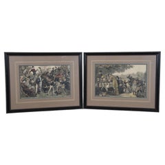 2 Antique Harry Furniss Eton Harrow Cricket Match Day in Arcadia Engravings 27"