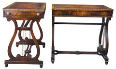 2 Antique Heirloom Weiman Flame Mahogany Leather Top Lyre Shaped Side End Tables