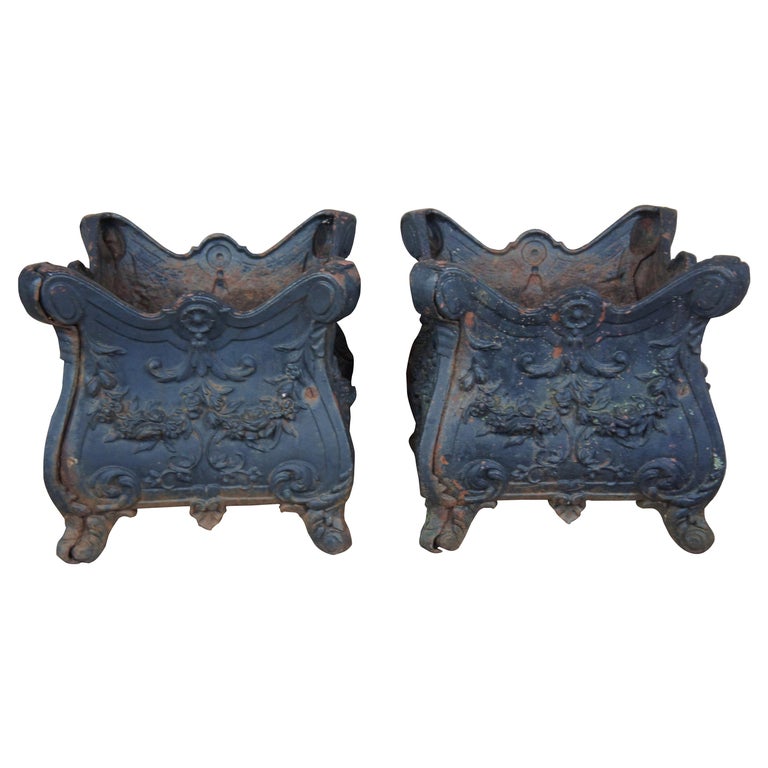 2 Antique High Relief Black Cast Iron Victorian Flower Garden Planters