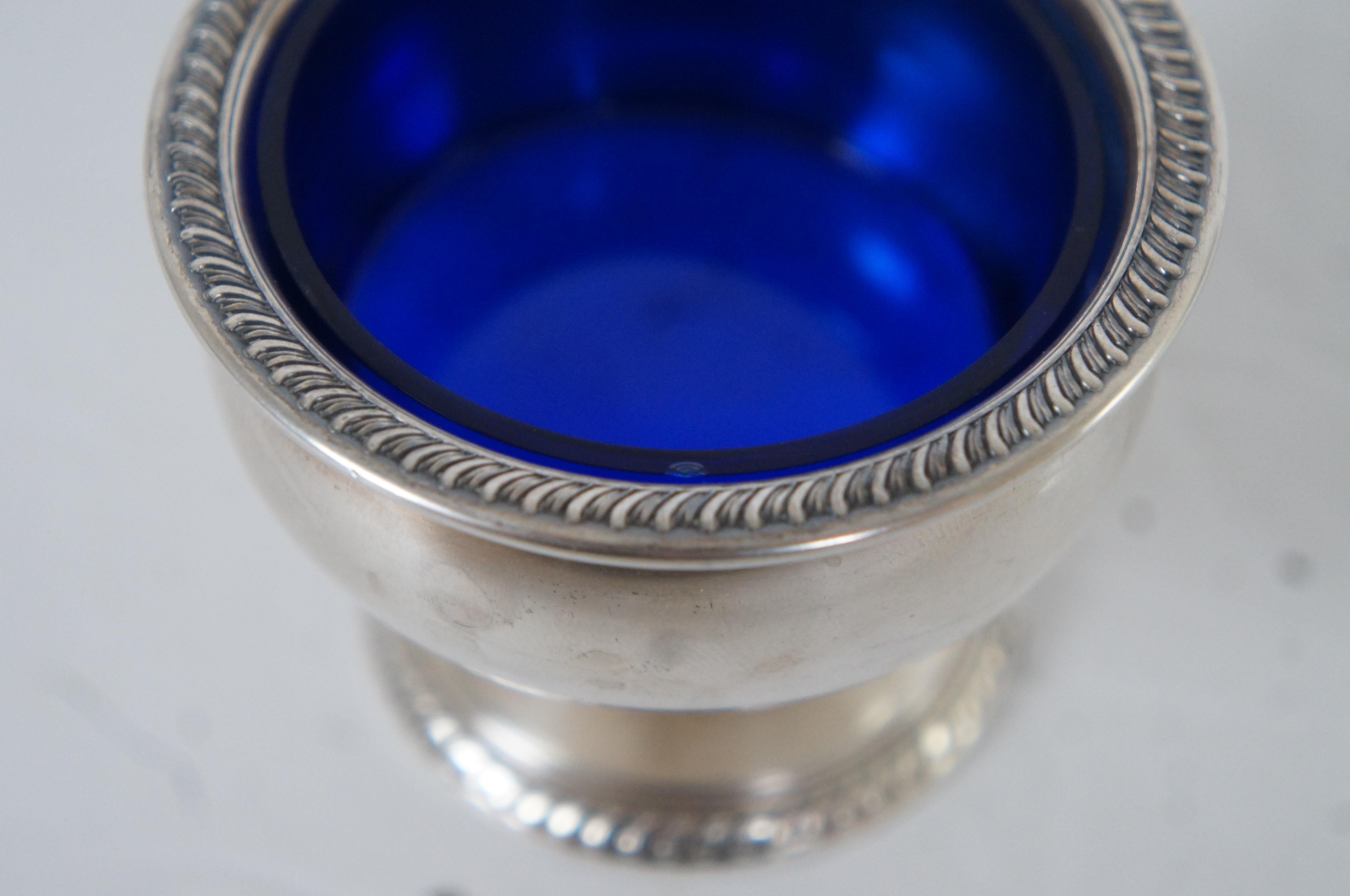 2 Antique Hirsch 486 Sterling Silver & Cobalt Glass Footed Salt Cellars 133g 4