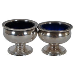 2 Antique Hirsch 486 Sterling Silver & Cobalt Glass Footed Salt Cellars 133g