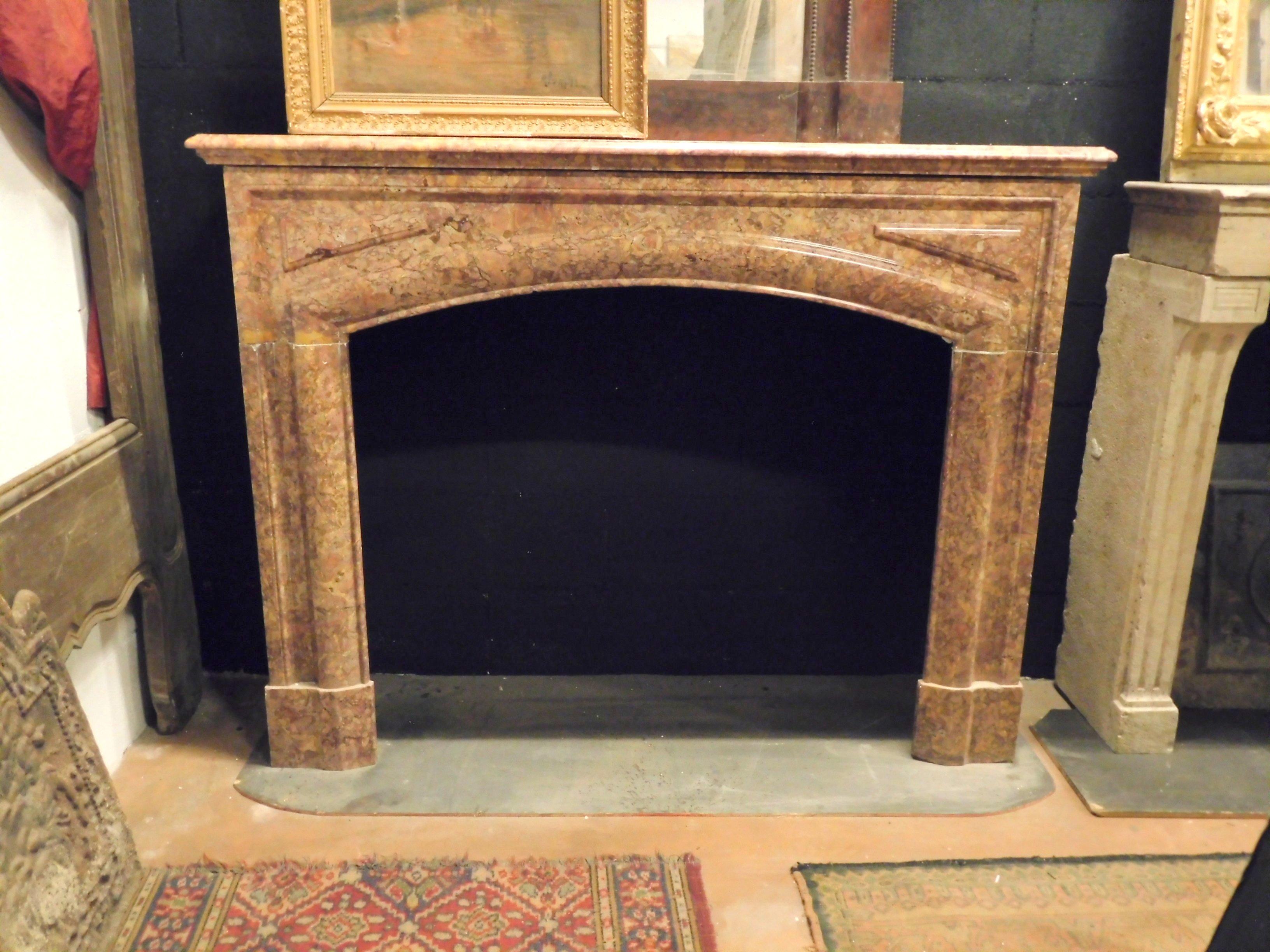 2 Antique Identical Fireplaces, Red Marble with Curved Mouth, Late 1800, Italy For Sale 1