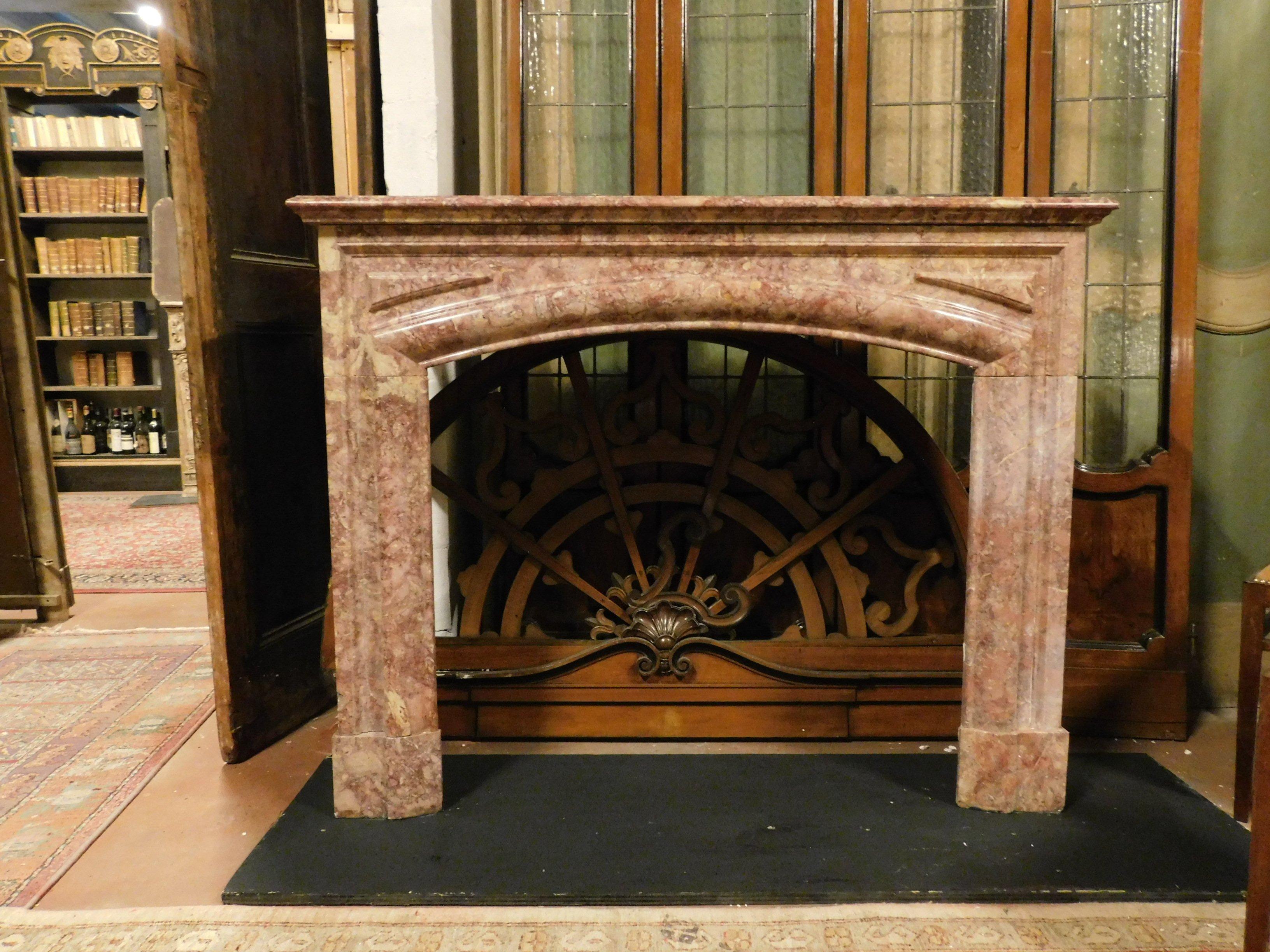 Italian 2 Antique Identical Fireplaces, Red Marble with Curved Mouth, Late 1800, Italy For Sale
