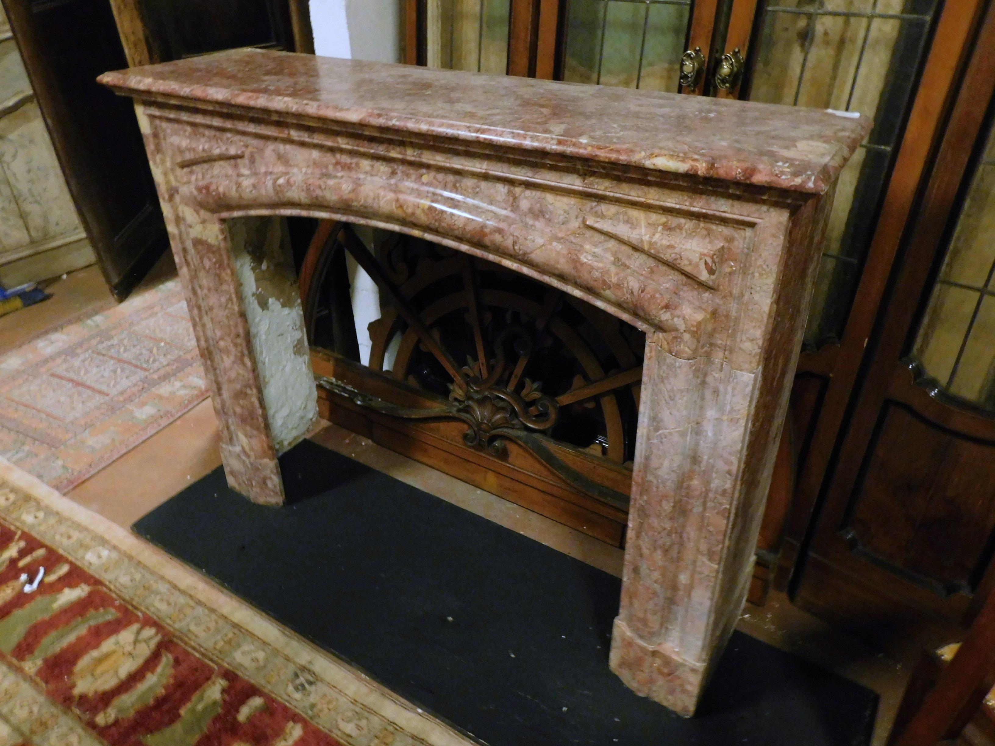 Hand-Carved 2 Antique Identical Fireplaces, Red Marble with Curved Mouth, Late 1800, Italy For Sale