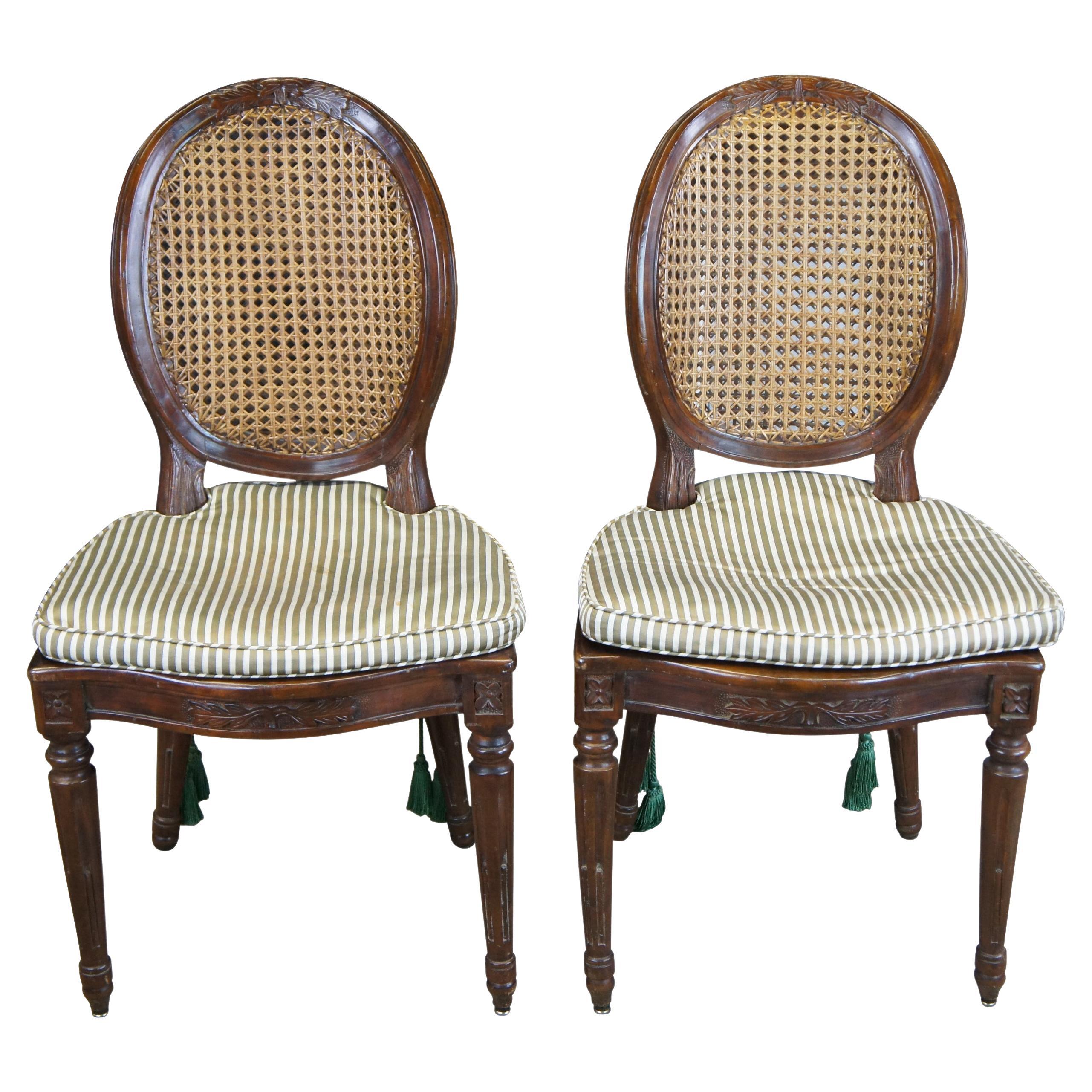 2 Antique Italian Louis XVI Walnut Caned Oval Back Dining Side Chairs Silk Seat