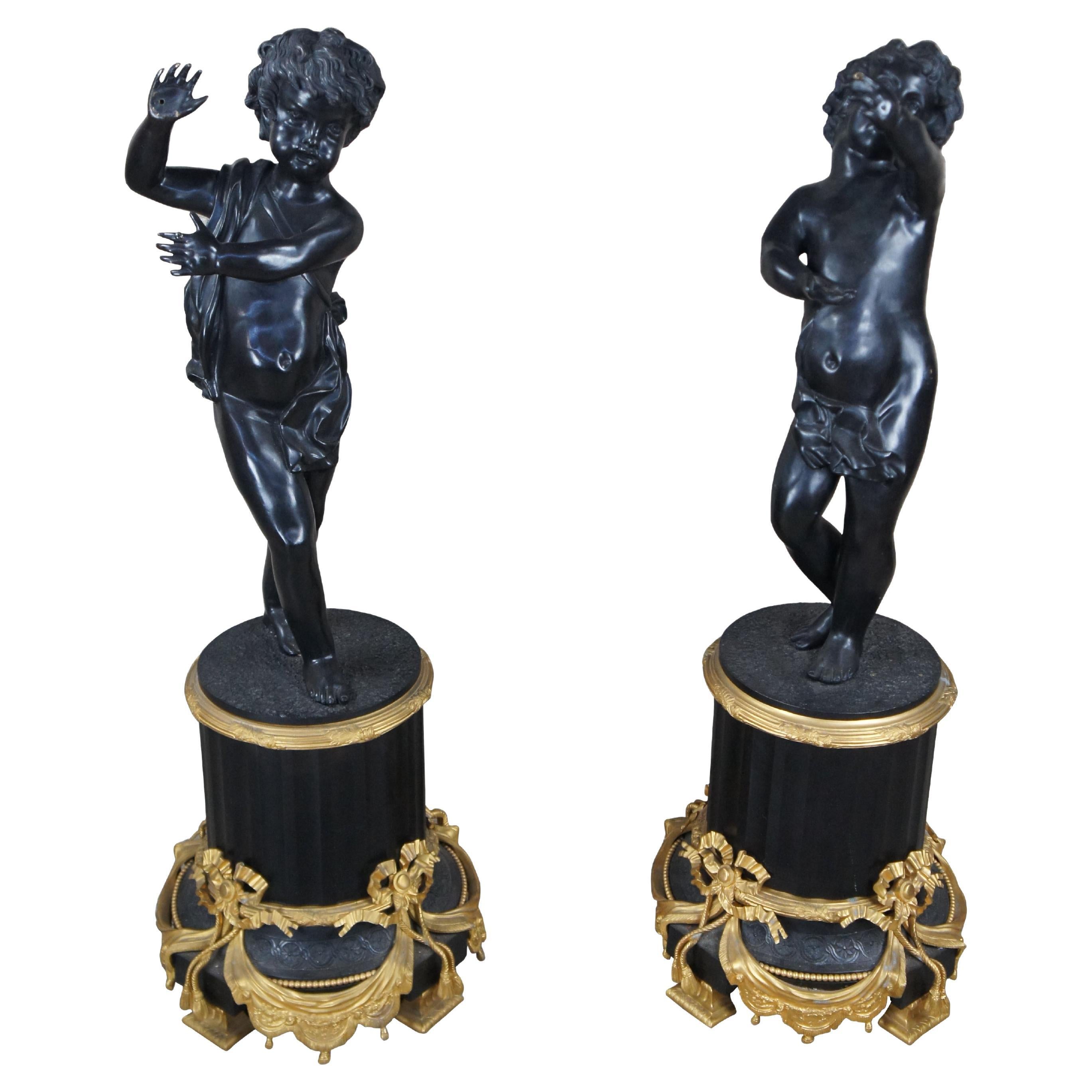 2 Antique Italian Neoclassical Louis XV Bronze Cherub Sculptures Statues 45" For Sale