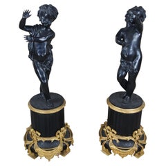 2 Antique Italian Neoclassical Louis XV Bronze Cherub Sculptures Statues 45"