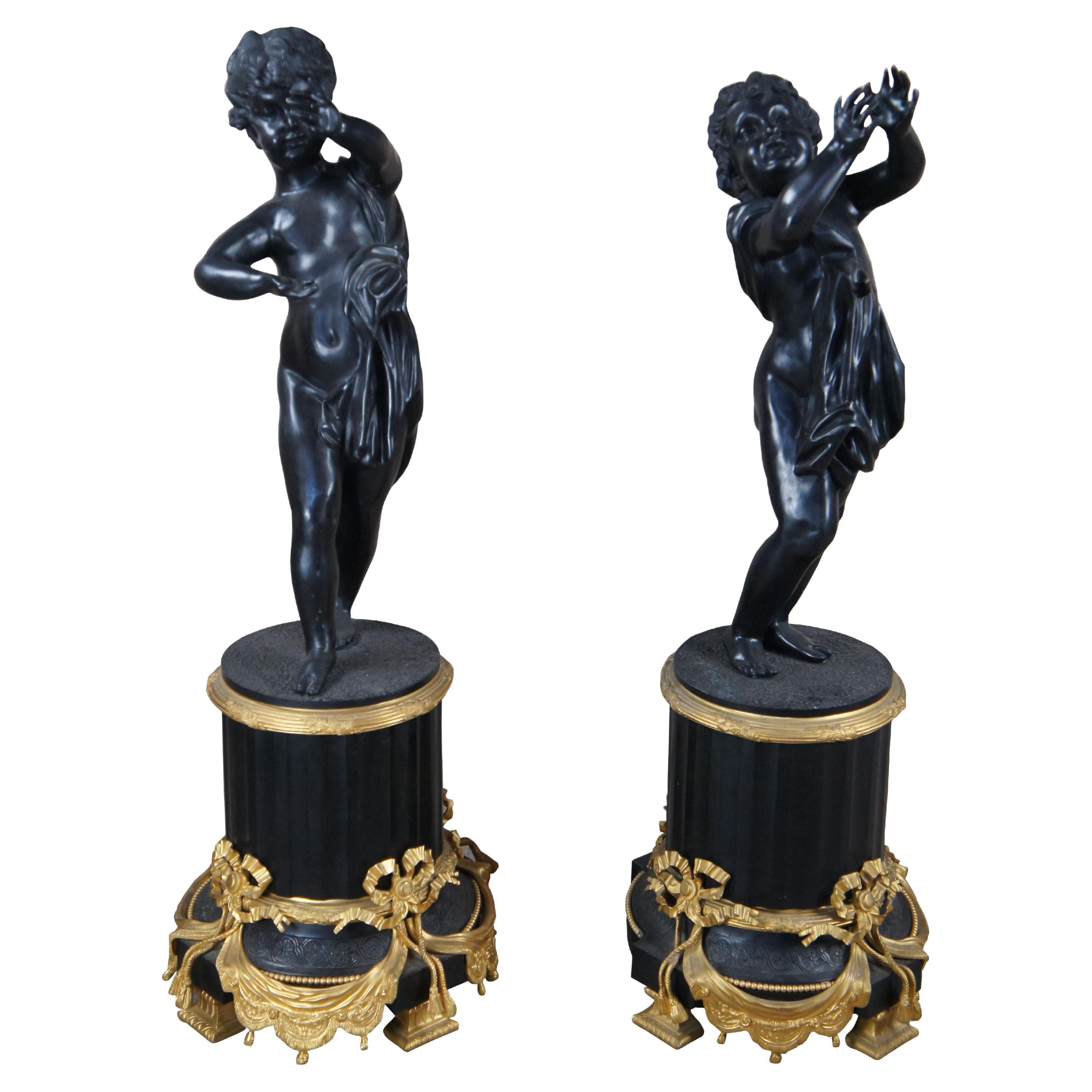2 Antique Italian Neoclassical Louis XV Bronze Cherub Sculptures Statues 45" For Sale