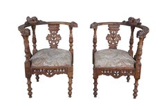 2 Antique Italian Renaissance Revival Walnut Carved Corner Chairs Cherubs Pair