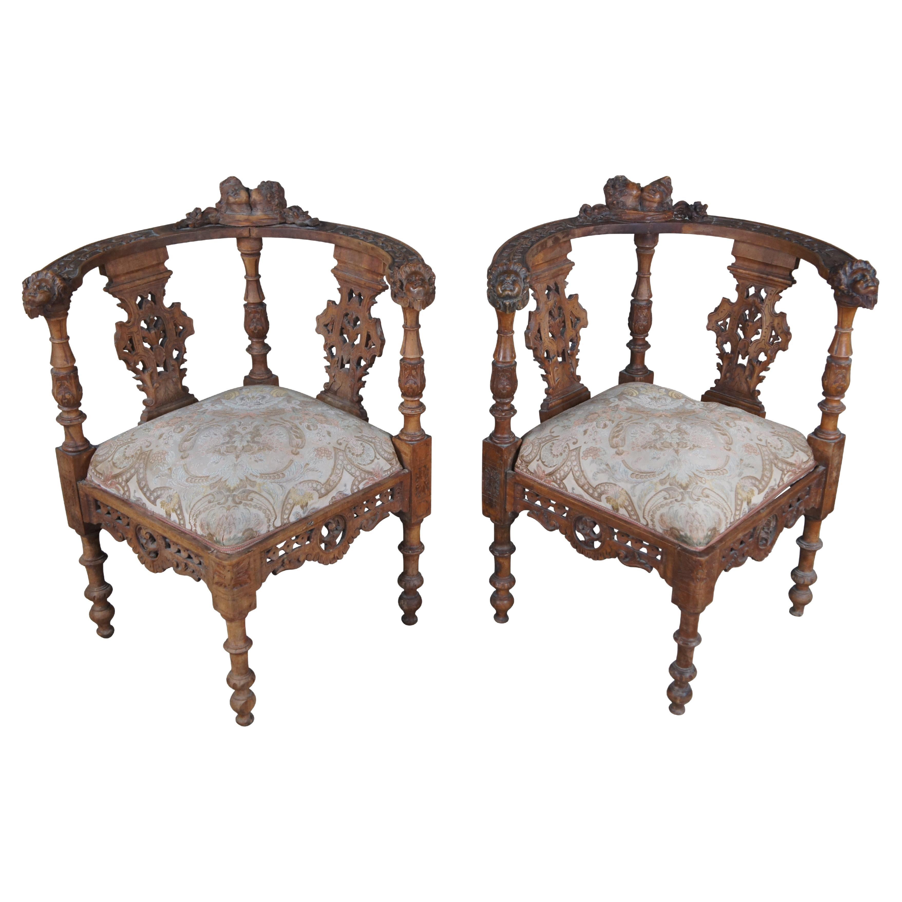 2 Antique Italian Renaissance Revival Walnut Carved Corner Chairs Cherubs Pair