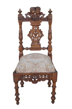 2 Antique Italian Renaissance Revival Walnut Carved Side Chairs Cherubs Pair
