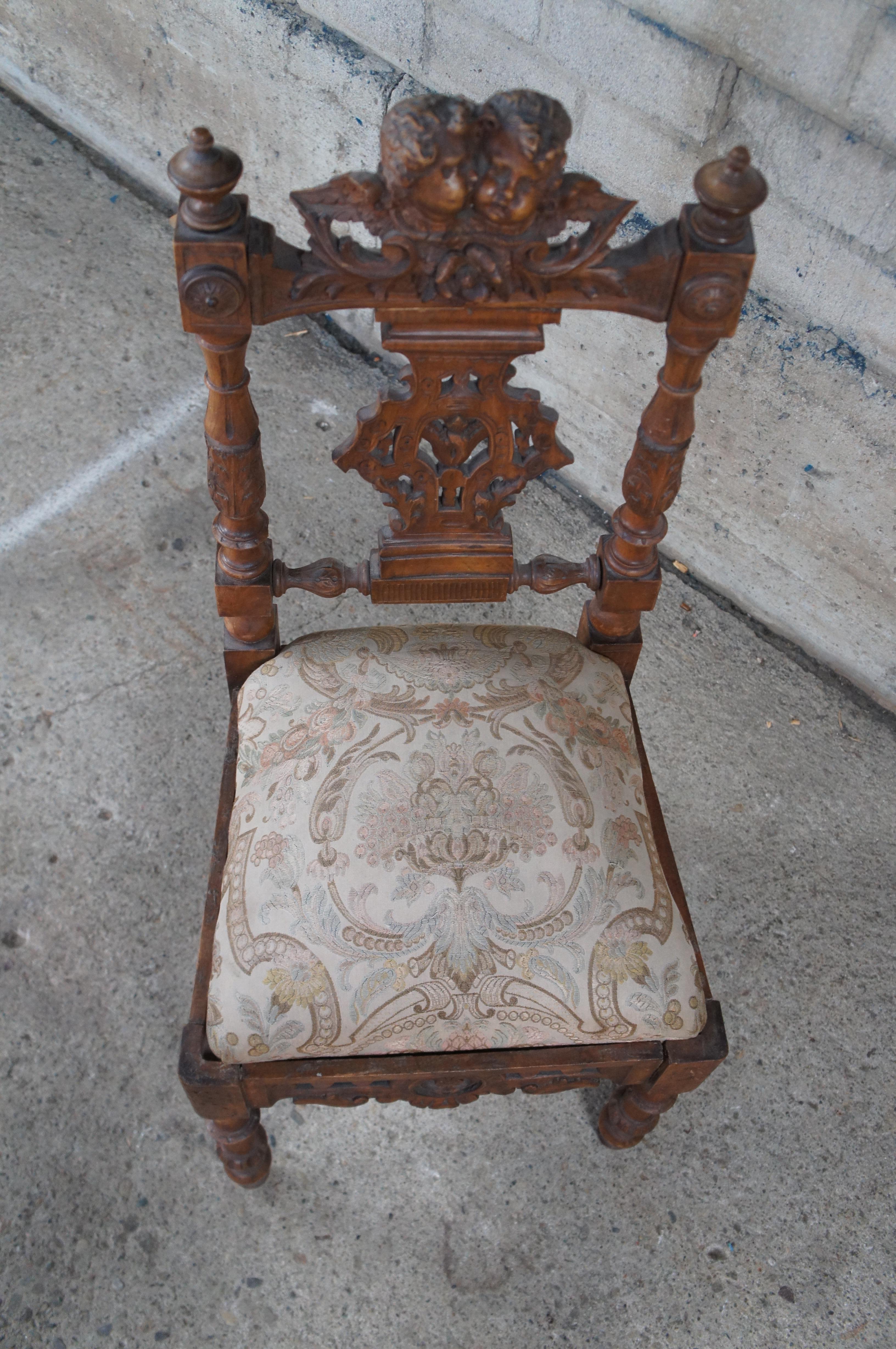 Upholstery 2 Antique Italian Renaissance Revival Walnut Carved Side Chairs Cherubs Pair For Sale