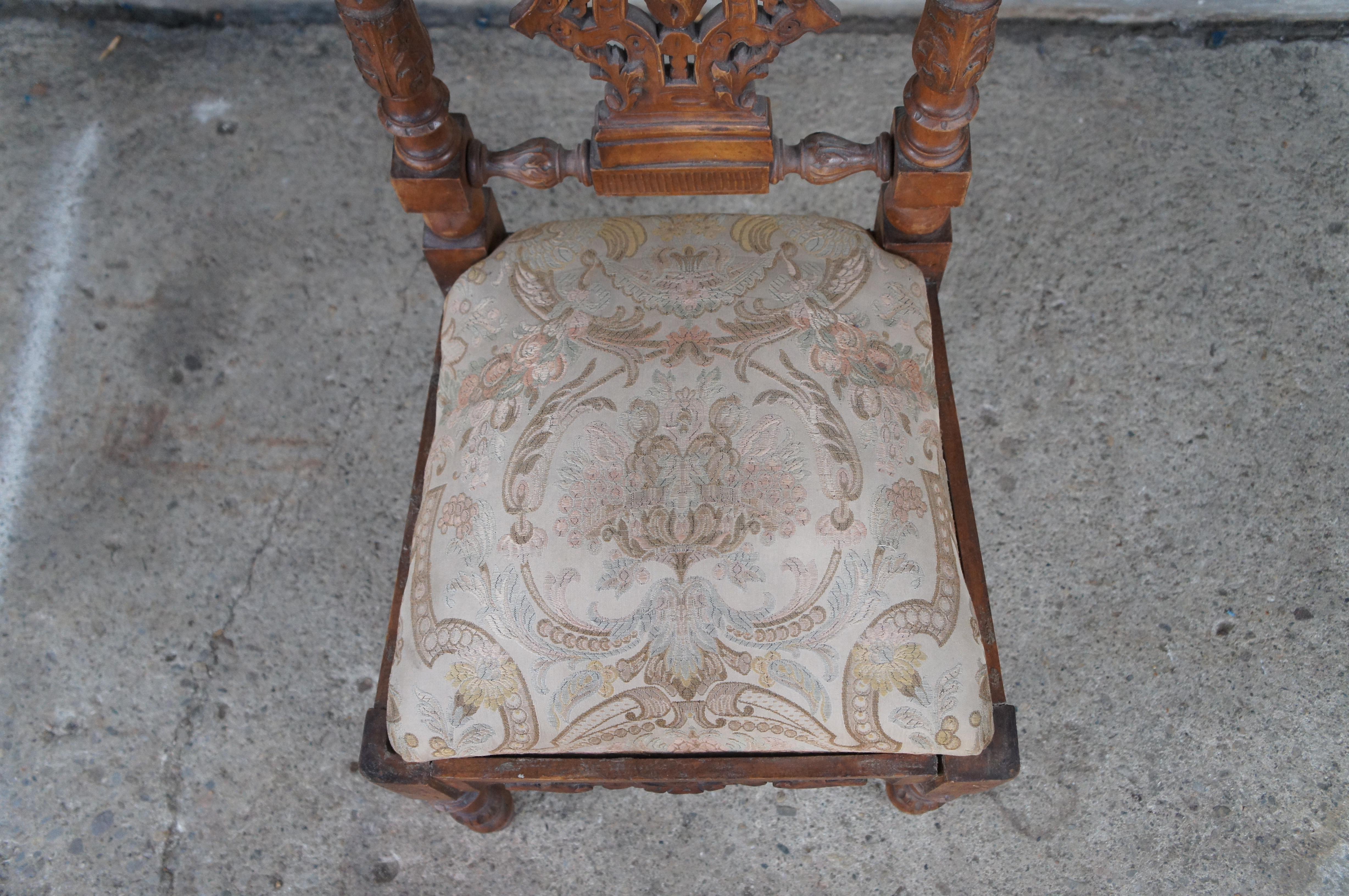 2 Antique Italian Renaissance Revival Walnut Carved Side Chairs Cherubs Pair For Sale 1
