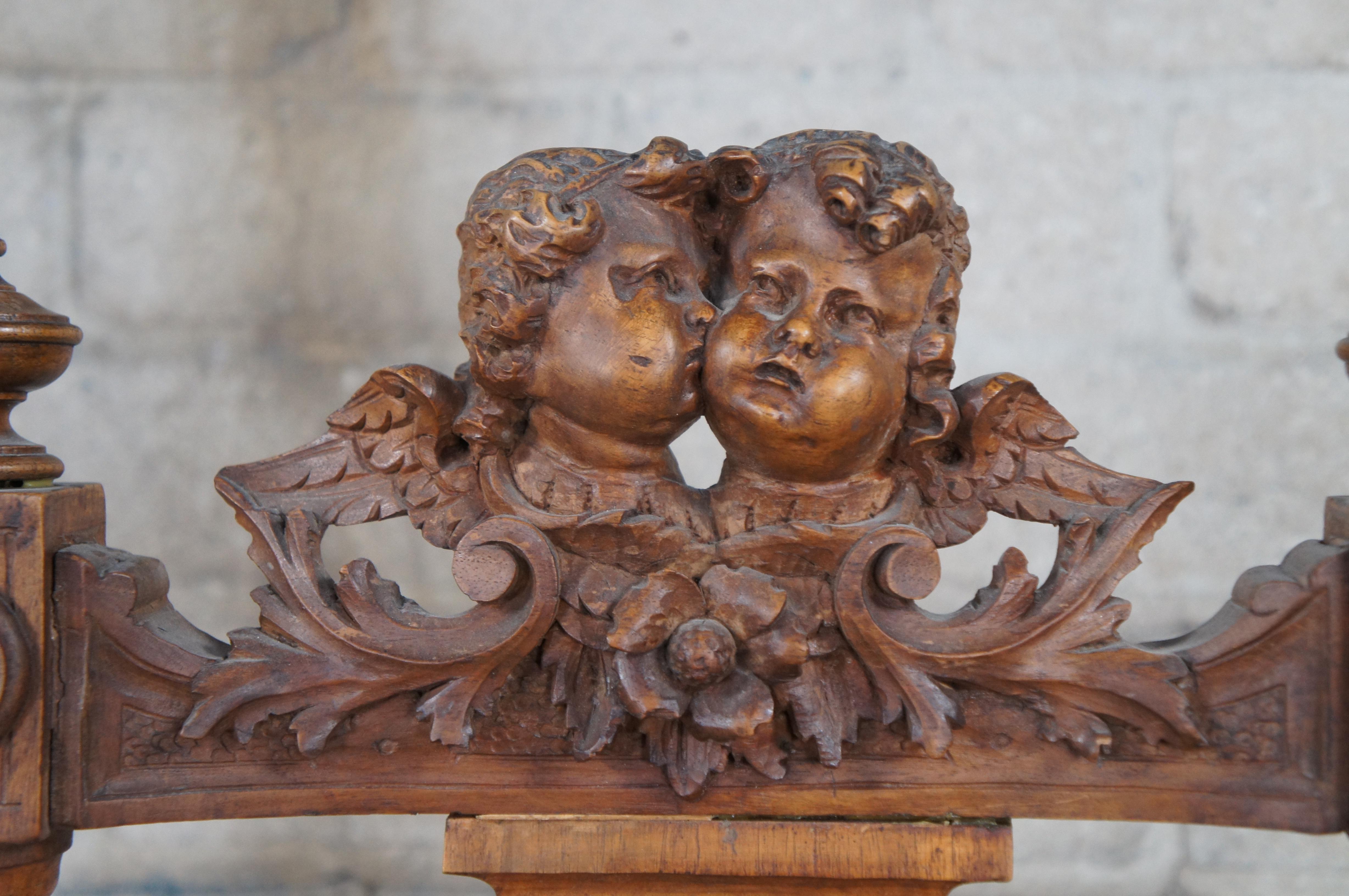 2 Antique Italian Renaissance Revival Walnut Carved Side Chairs Cherubs Pair For Sale 2
