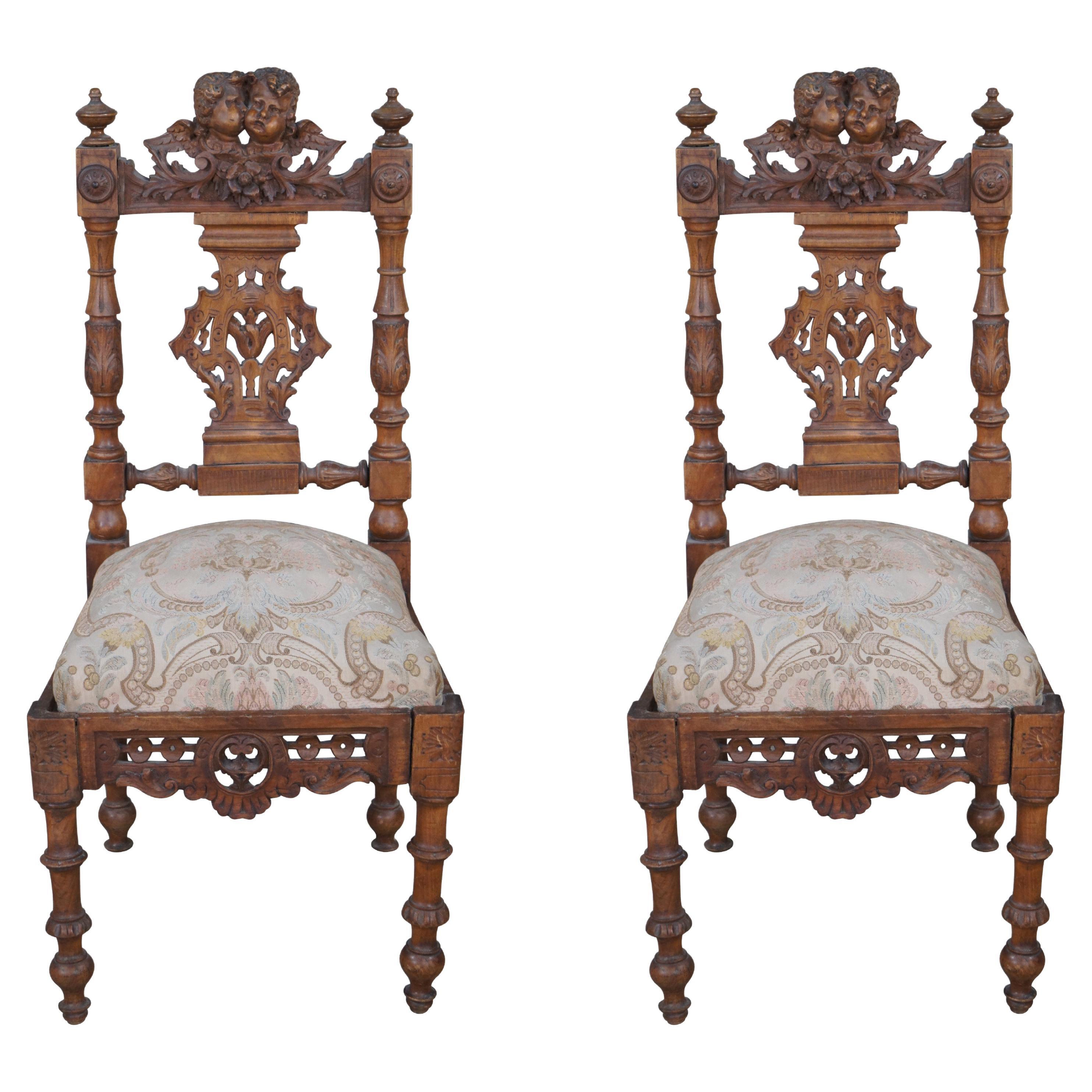 2 Antique Italian Renaissance Revival Walnut Carved Side Chairs Cherubs Pair