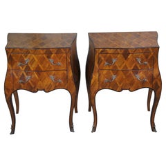 2 Antique Italian Walnut Louis XV Parquetry Bombe Chest Commode Nightstands
