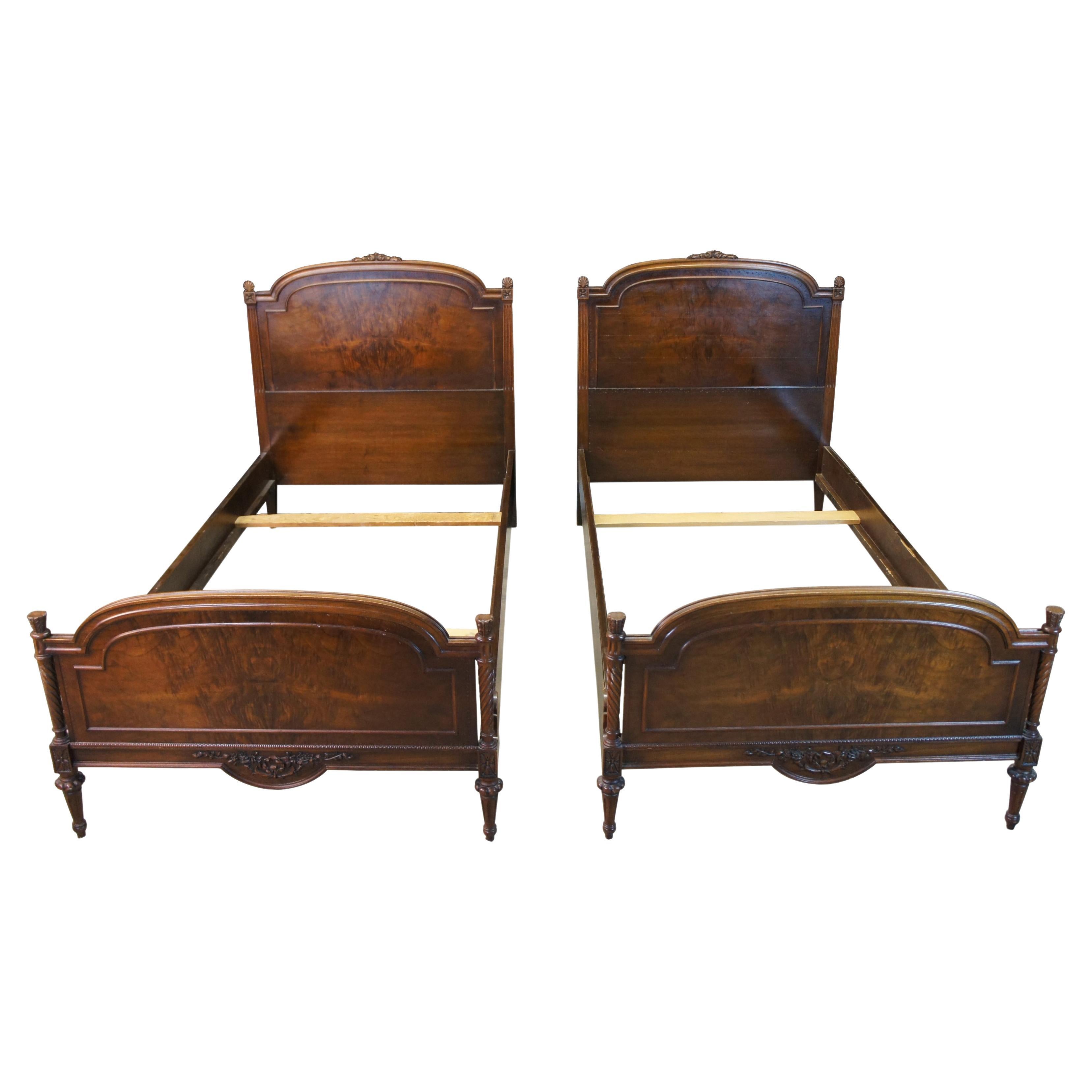2 Antique Johnson Furniture French Neoclassical Walnut Twin Size Beds Frames