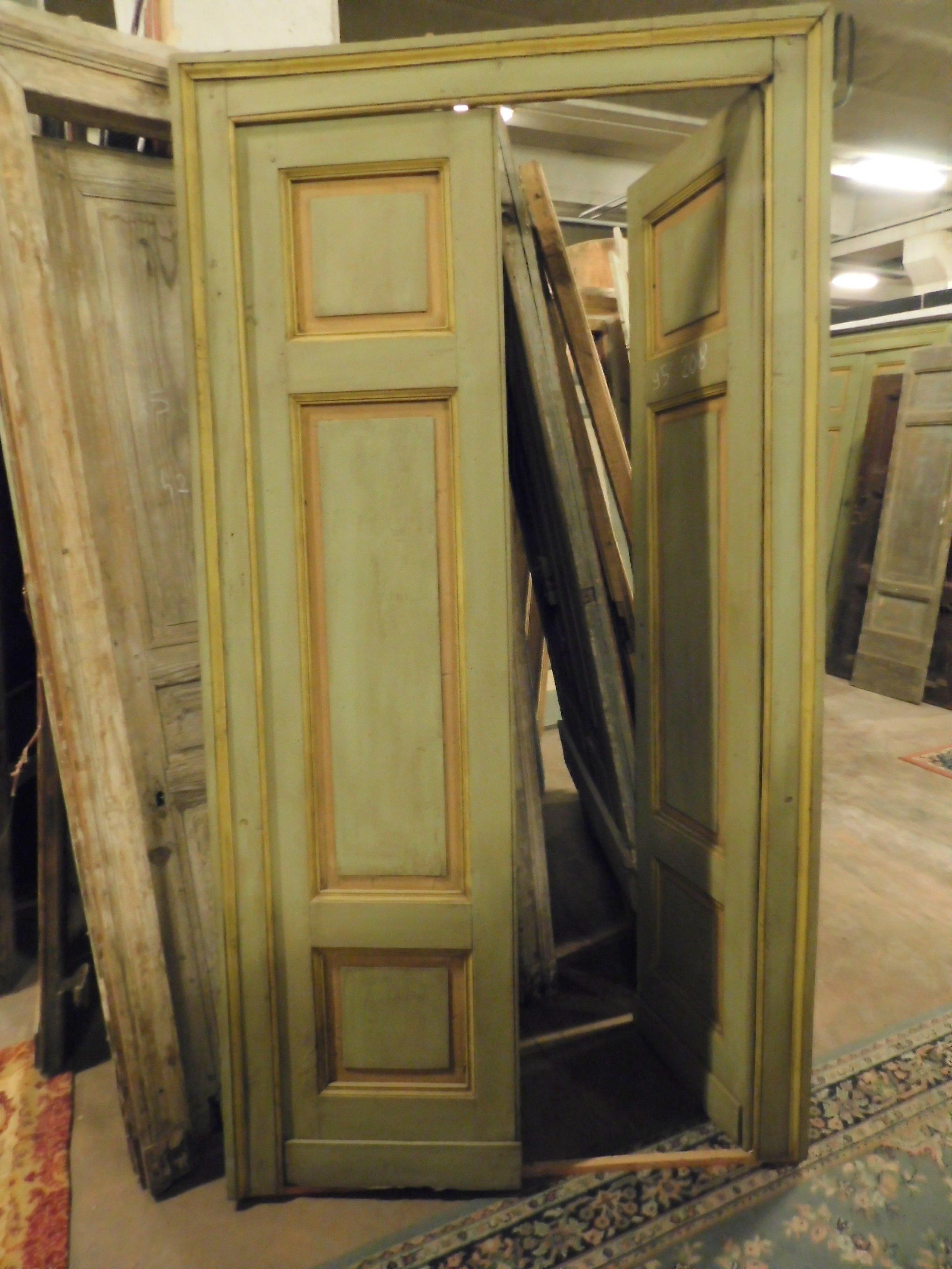 Wood 2 Antique Lacquered Doors with Frame, 19th Century, Italy For Sale