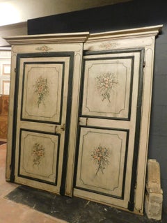 2 Antique Lacquered Doors with Frame, Green Beige Background Flowers, 1700 Italy