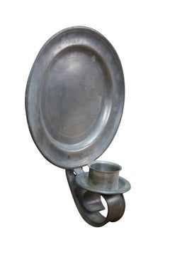 2 Antique Lambert Hitchcock American Pewter Plate Candle Holder Sconces 11"