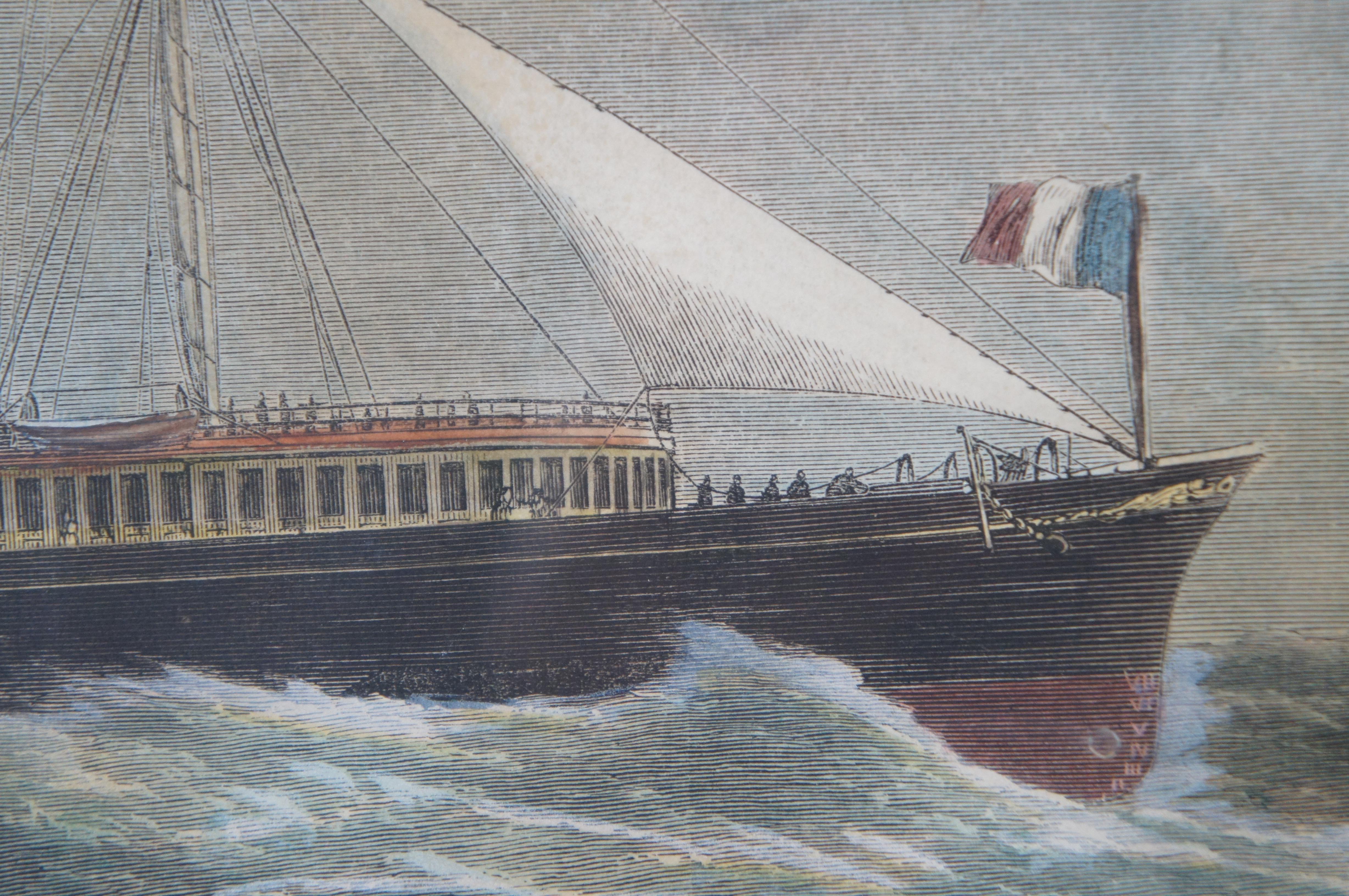 2 antike Londoner Zeitungsgravuren Channel Passage Dampfer & Kriegsschiff Lancierung 21