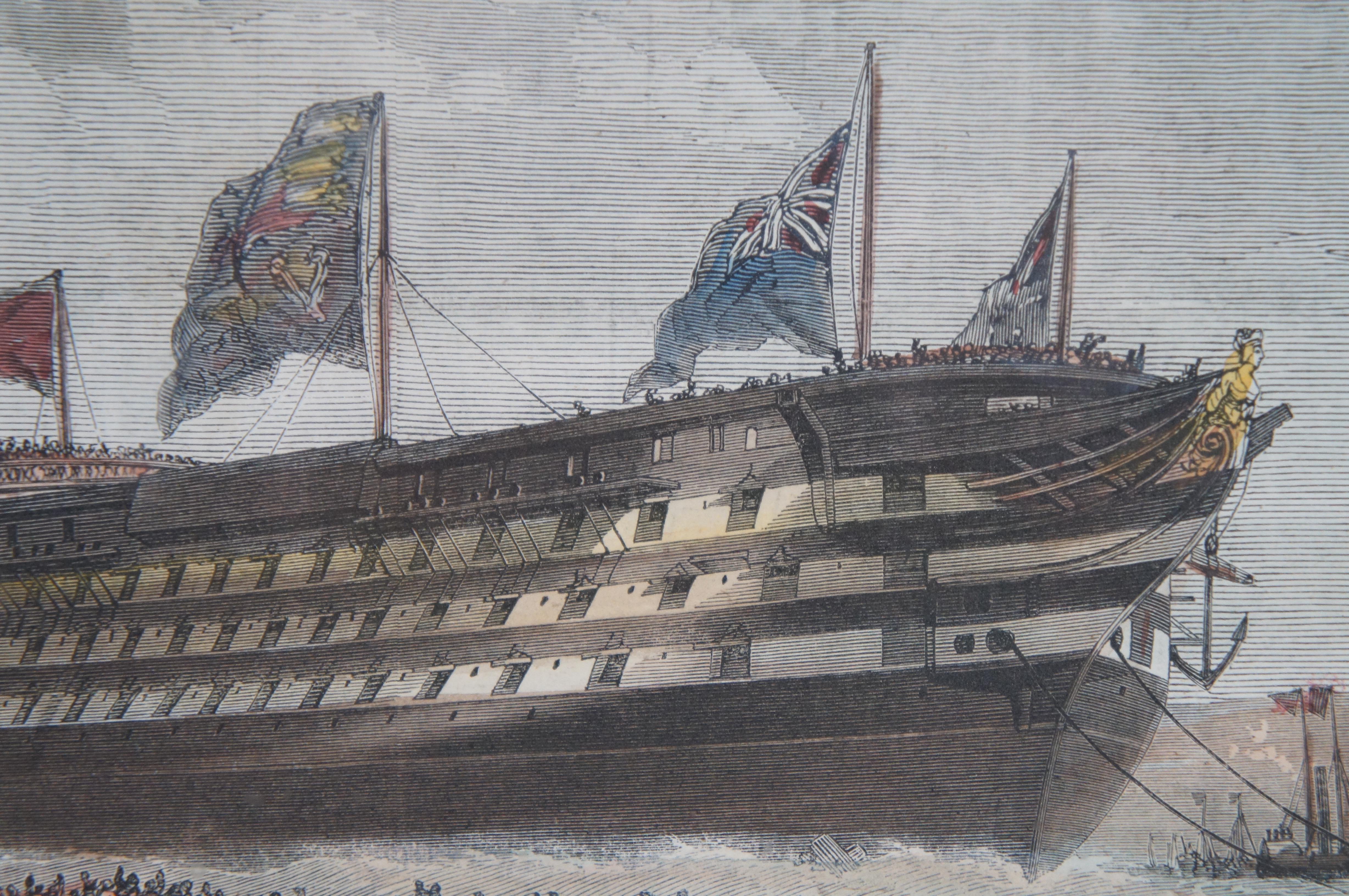 2 Antique London News Engravings Channel Passage Steamer & War Ship Launch 21