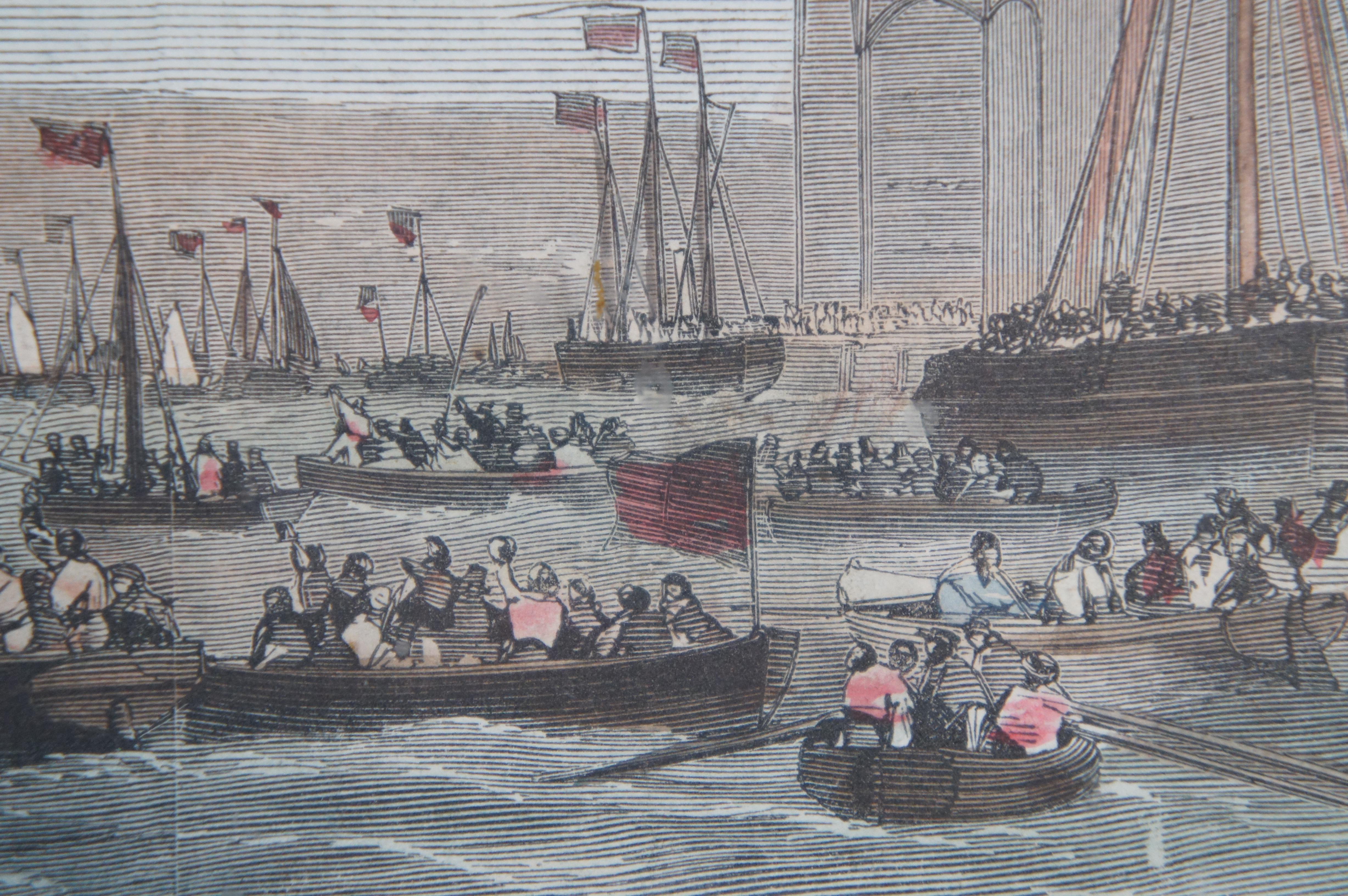 2 antike Londoner Zeitungsgravuren Channel Passage Dampfer & Kriegsschiff Lancierung 21
