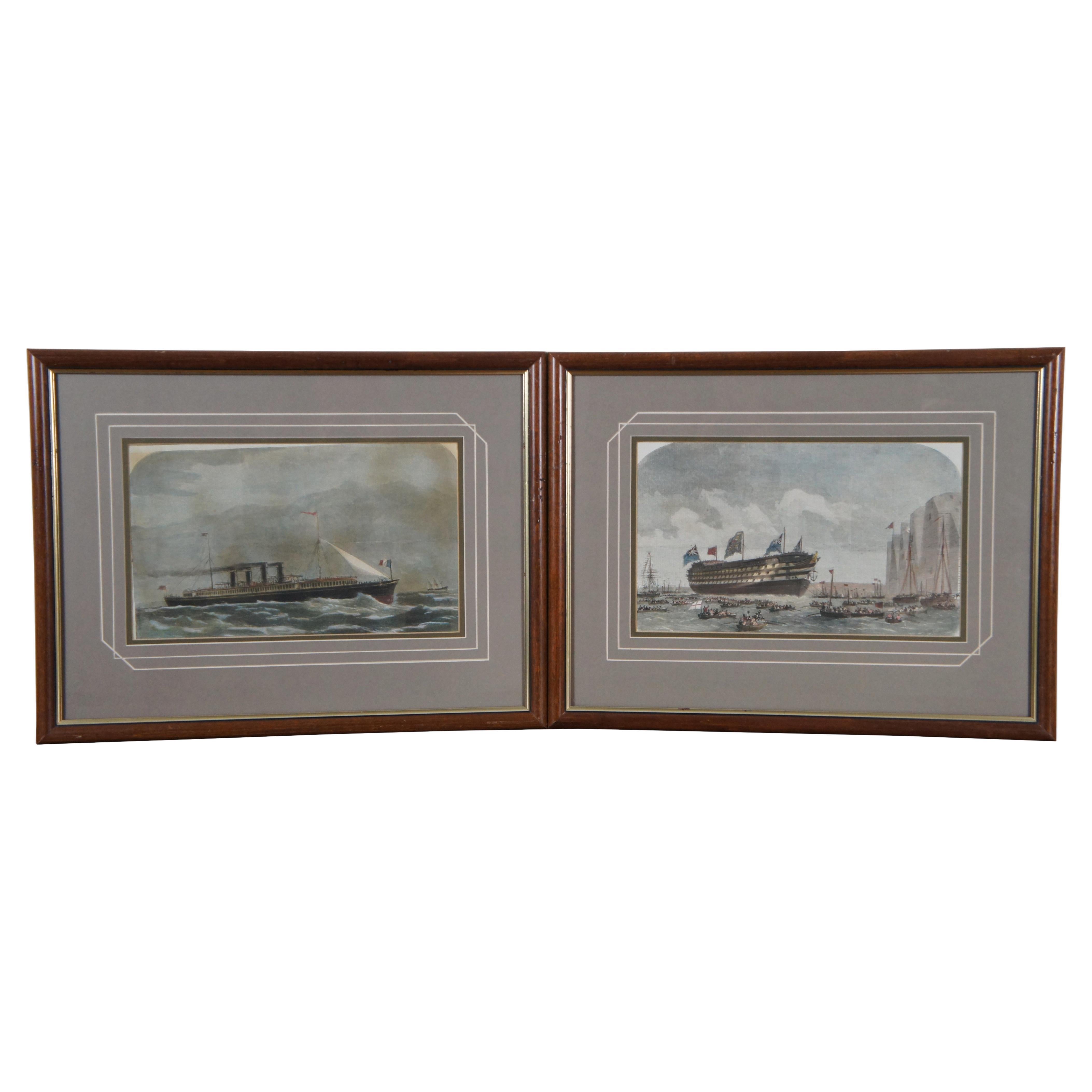 2 antike Londoner Zeitungsgravuren Channel Passage Dampfer & Kriegsschiff Lancierung 21" im Angebot