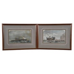 2 Antiques ANTIQUES OF LONDON Gravures Channel Passage Steamer & War Ship Launch 21"