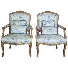 2 Antique Louis XV Fauteuil Arm Chairs Distressed French Country Bergere Pair