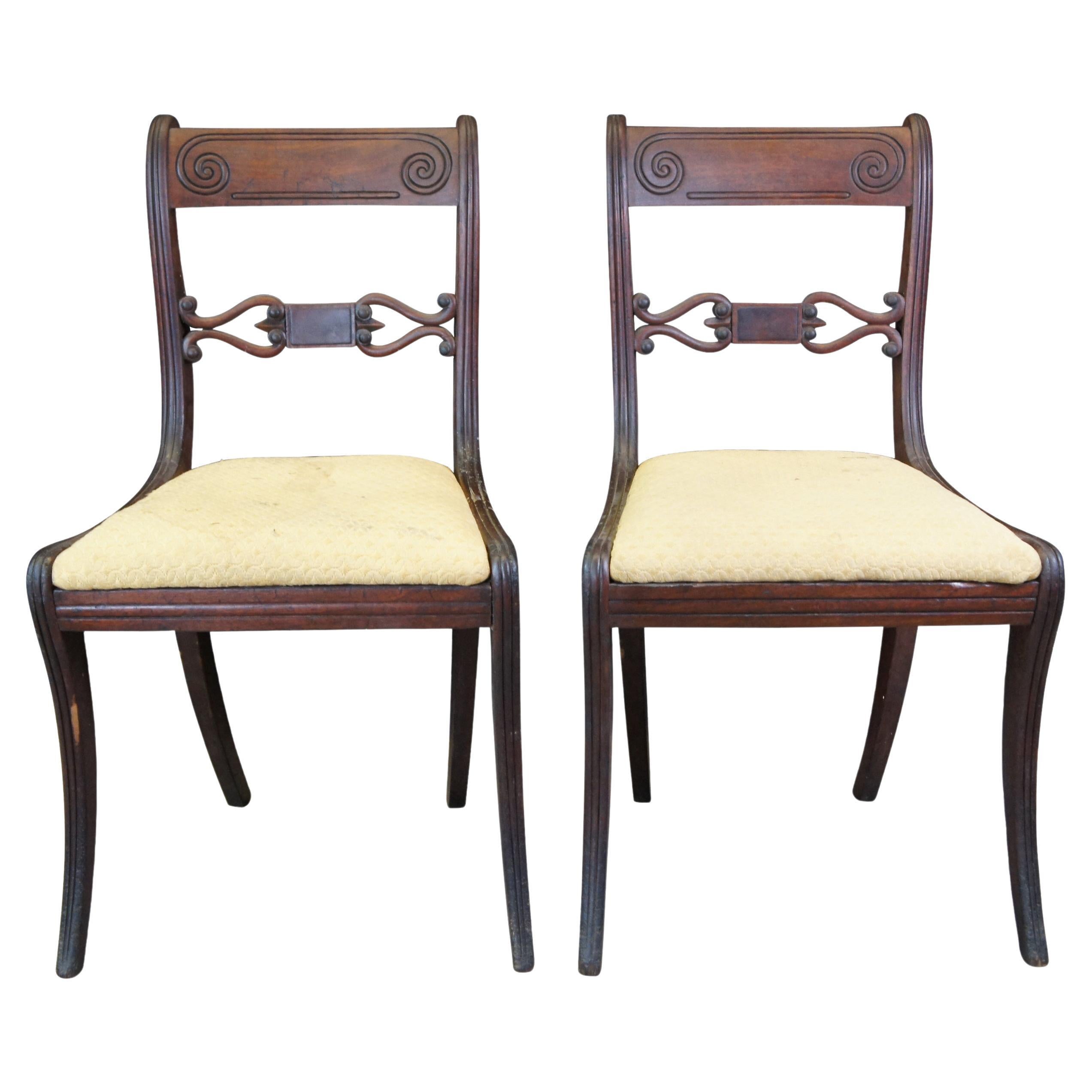 2 Antique Mahogany Duncan Phyfe Klismos Side Accent Dining Chairs