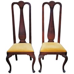 2 Antique Mahogany High Back Queen Anne Side Chairs Pair Upholstered Seat Yellow