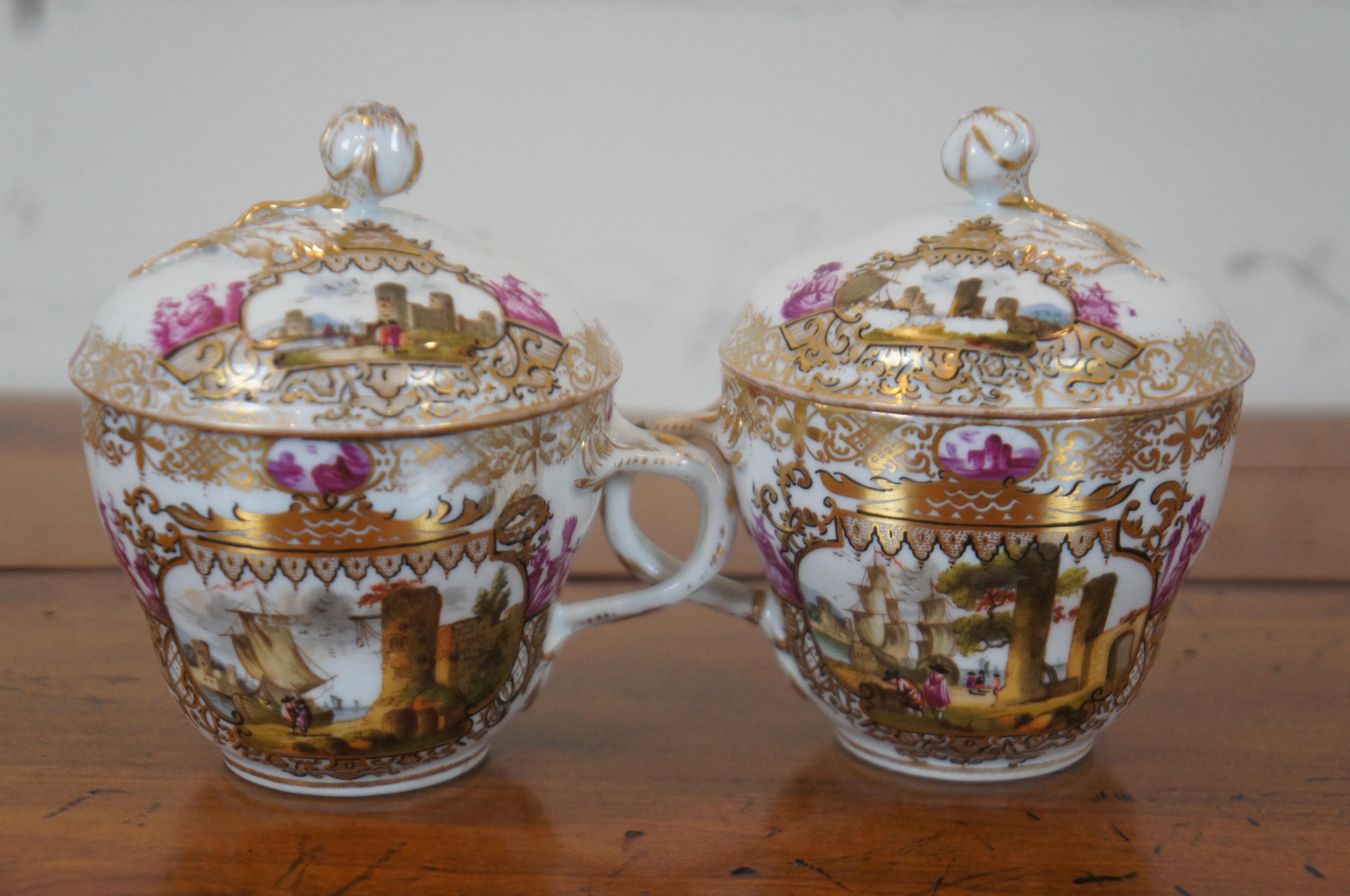 2 Antique Meissen German Porcelain Lidded Chocolate Tea Cups & Saucers on Stands For Sale 3
