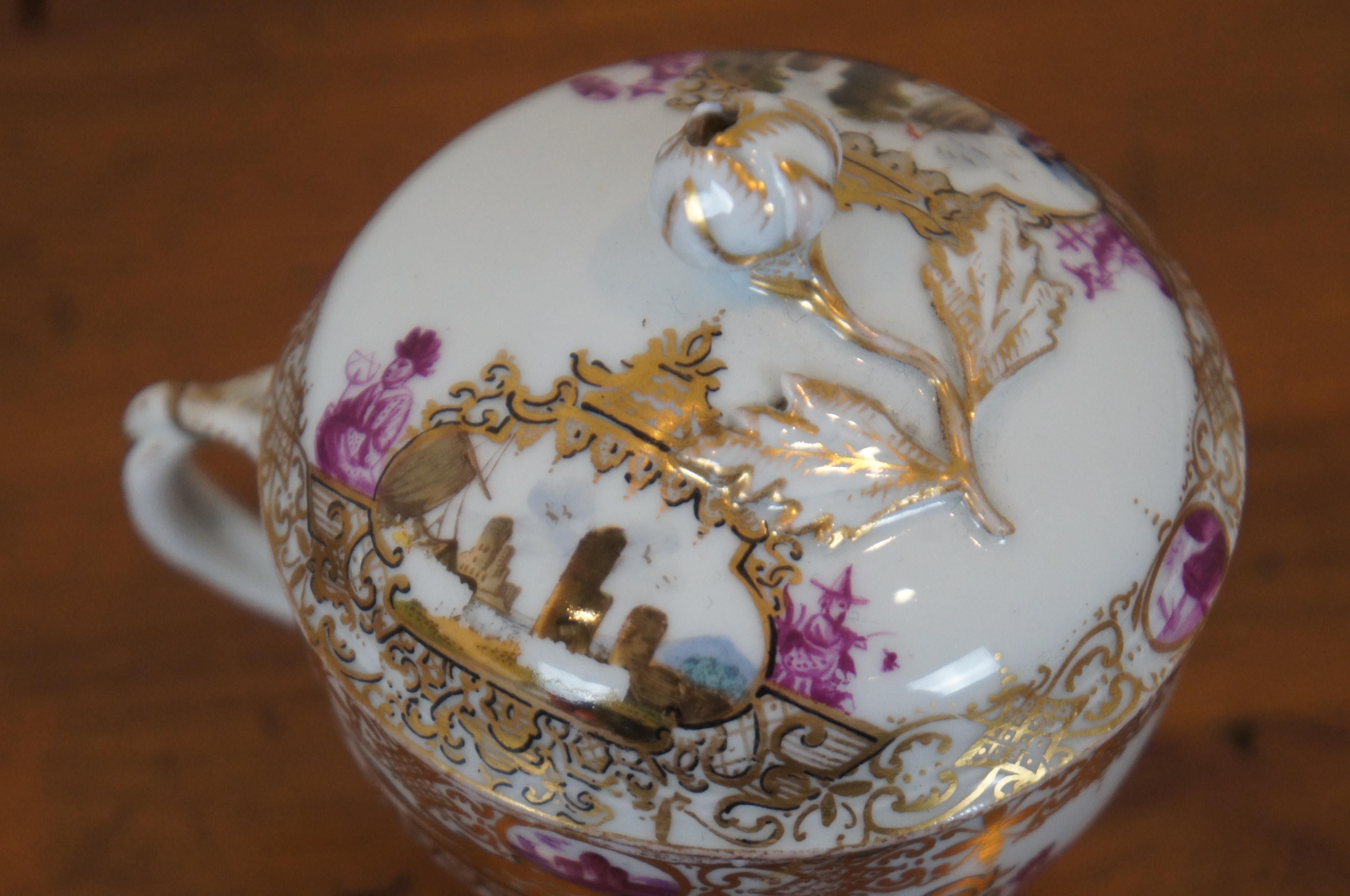 2 Antique Meissen German Porcelain Lidded Chocolate Tea Cups & Saucers on Stands For Sale 4